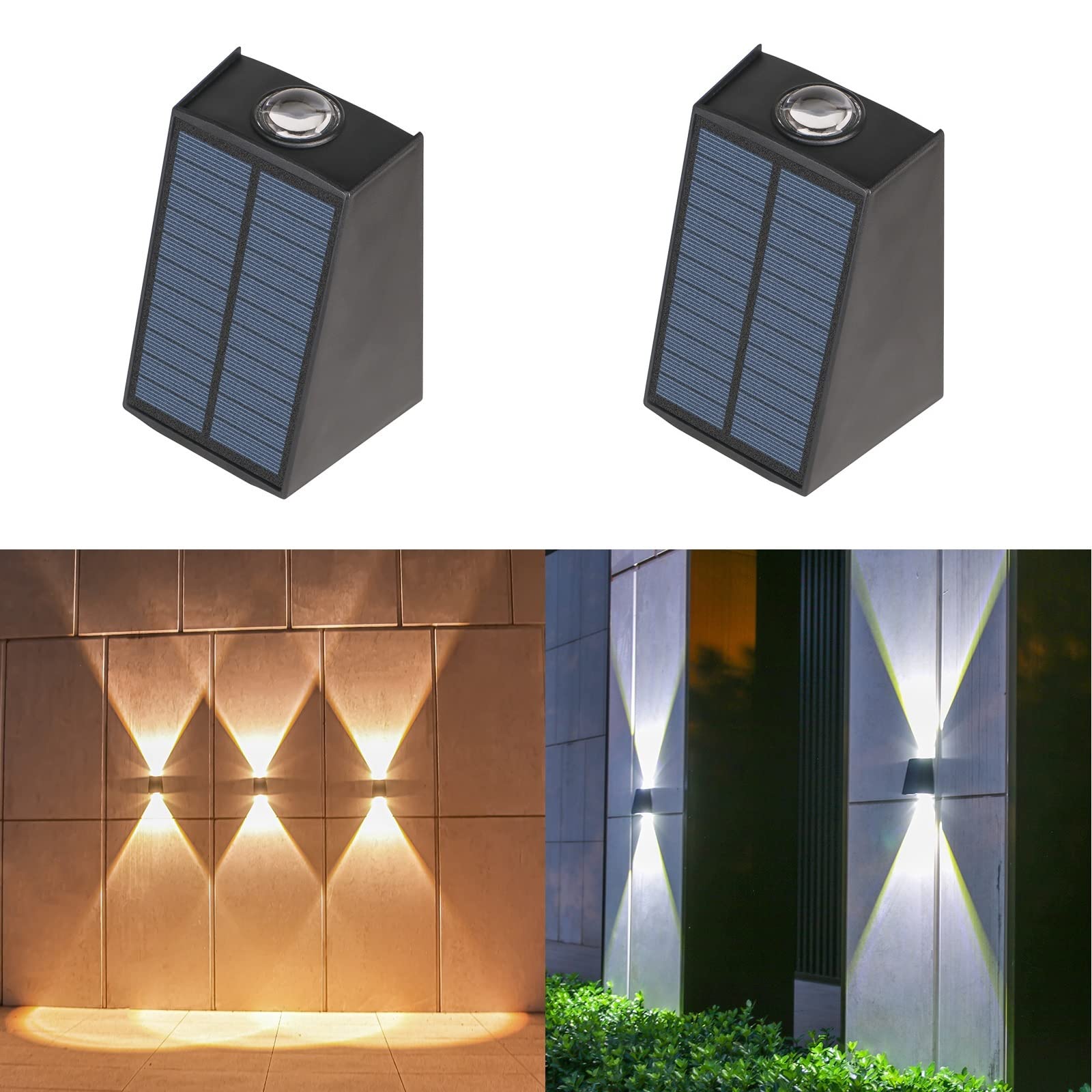 Zestaw 2 solarnych lamp LED na ogrodzenie, oświetlenie zewnętrzne, ciepła biel + zimna biel, wodoodporne oświetlenie LED solarne do ogrodu i na taras