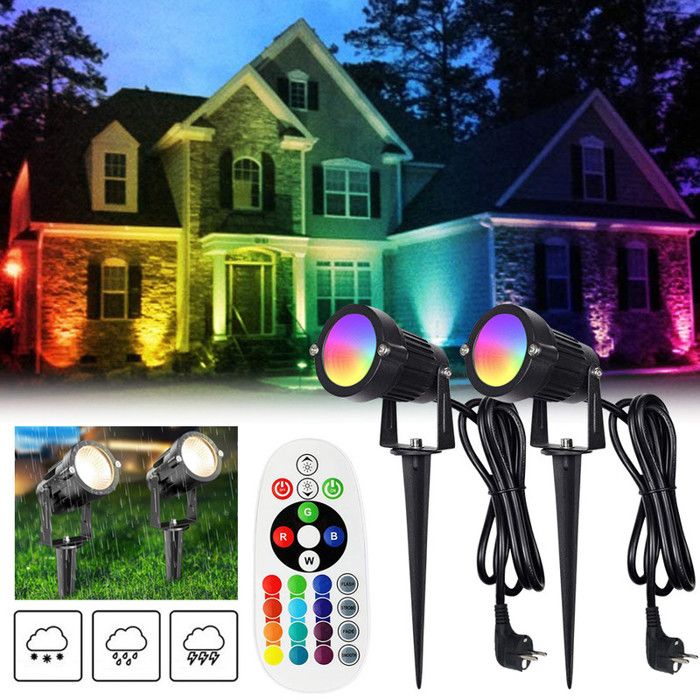Zestaw 2 zewnętrznych reflektorów naziemnych LED RGB, 6 W, wodoodpornych IP65, z pilotem zdalnego sterowania, idealnych do ogrodów i trawników.