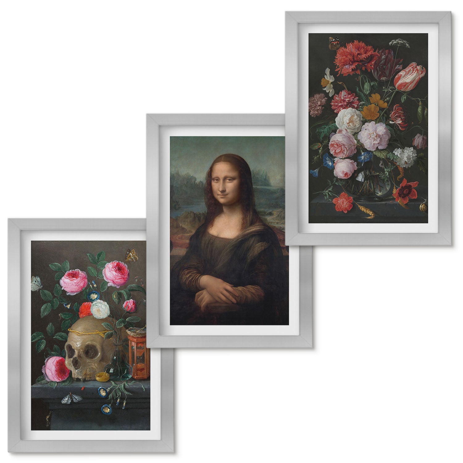 Zestaw obrazów w ramie - 3 części | Vintage kwiaty czaszka i portret Mona Lisy Leonardo da Vinci | Srebrna ramka