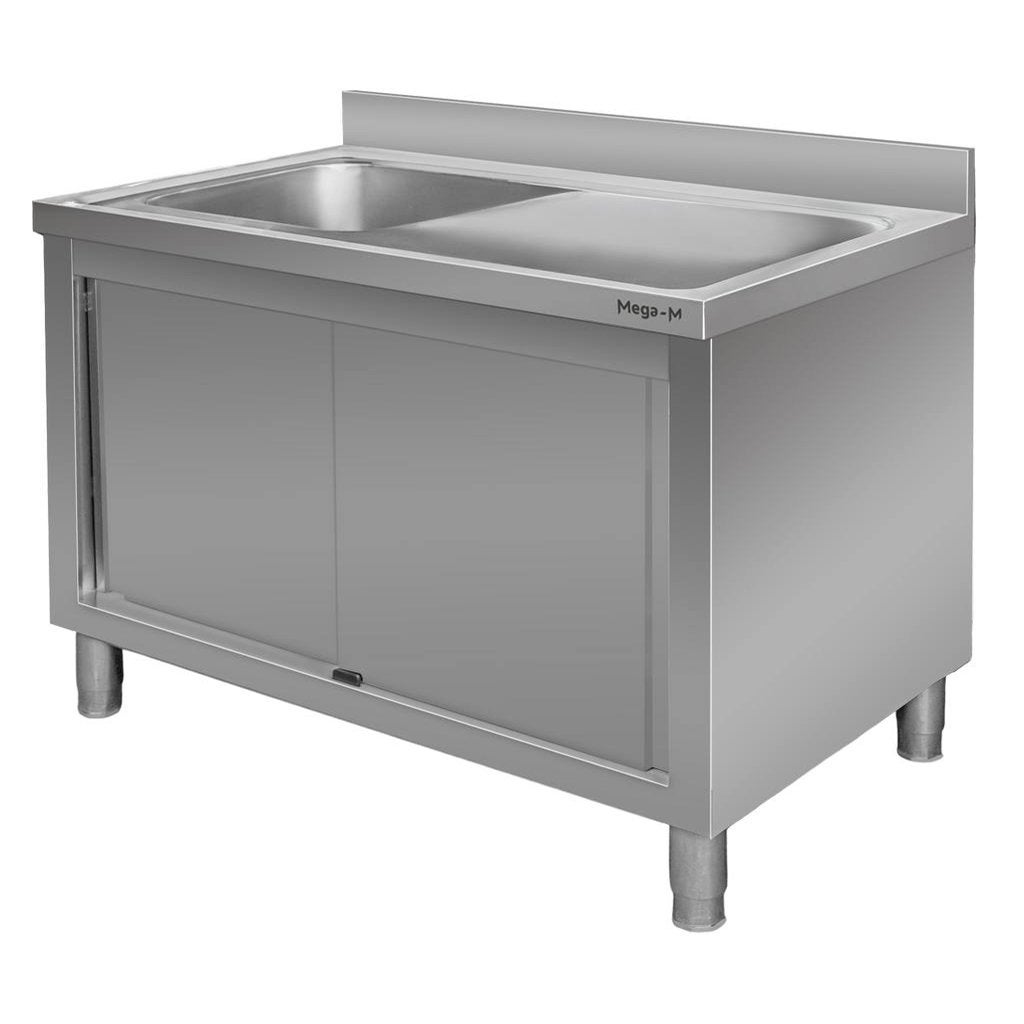 Stół gastronomiczny ze stali nierdzewnej Mega-M przyścienny ze zlewem po lewej stronie i z szafką 140x60x85 cm