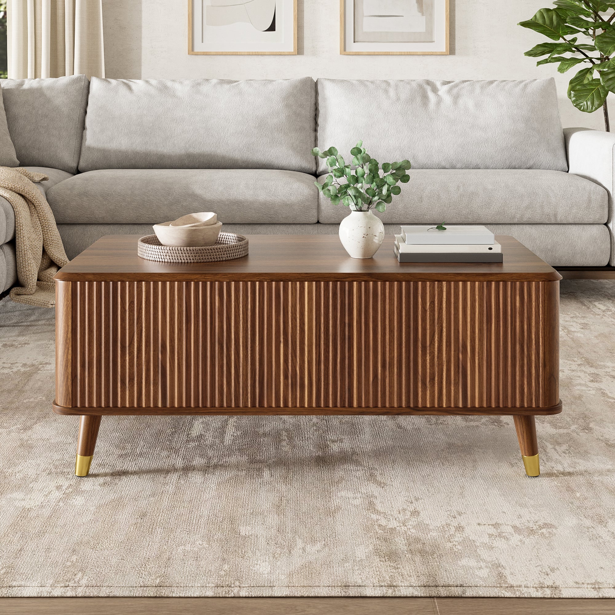 Stolik kawowy w stylu retro-nowoczesnym z podnoszonym blatem, 97x52x56,5 cm - Regulowany blat - Duża przegroda do przechowywania - Płyta MDF - Brązowy