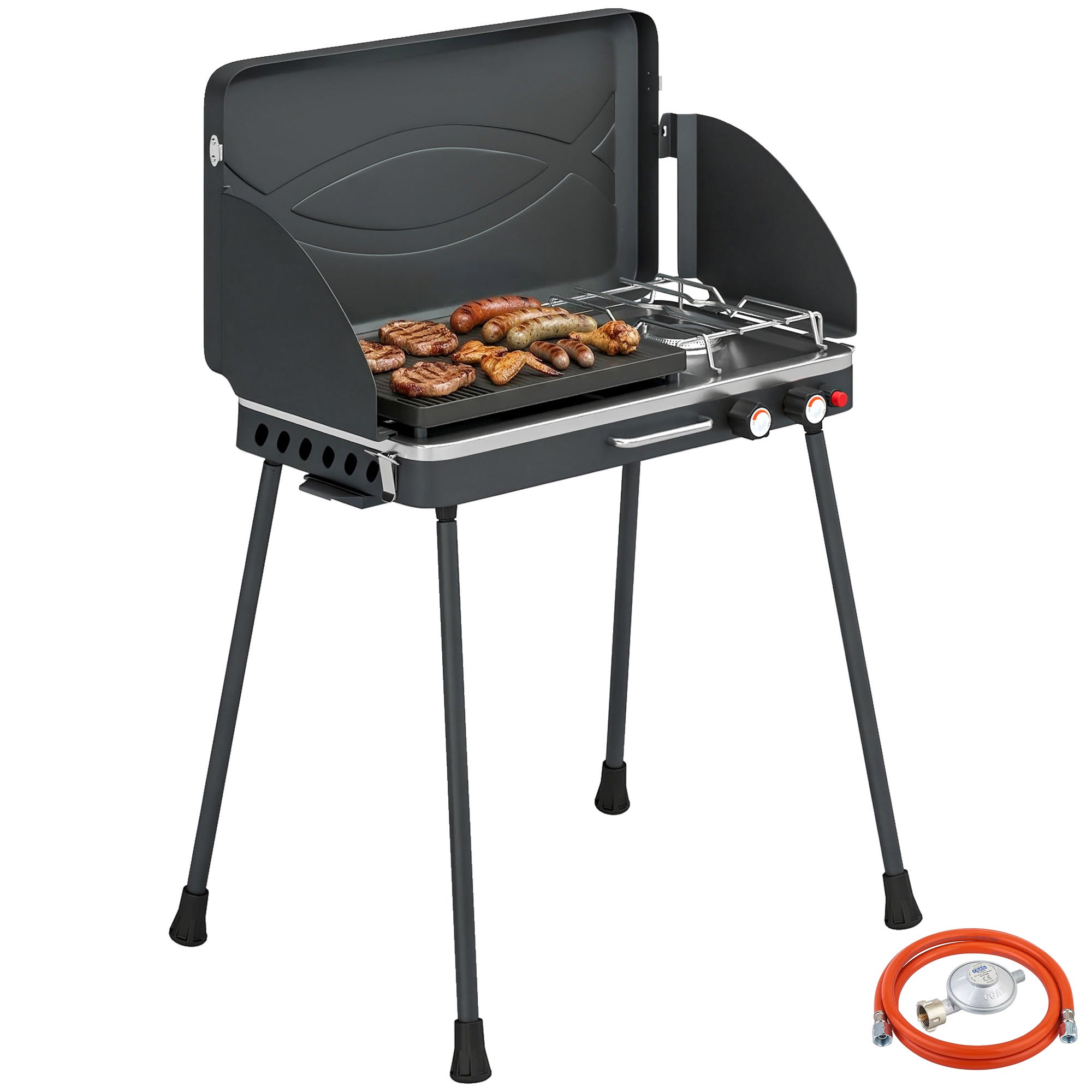 Przenośny grill gazowy 2-palnikowy 7 kW z rożnem