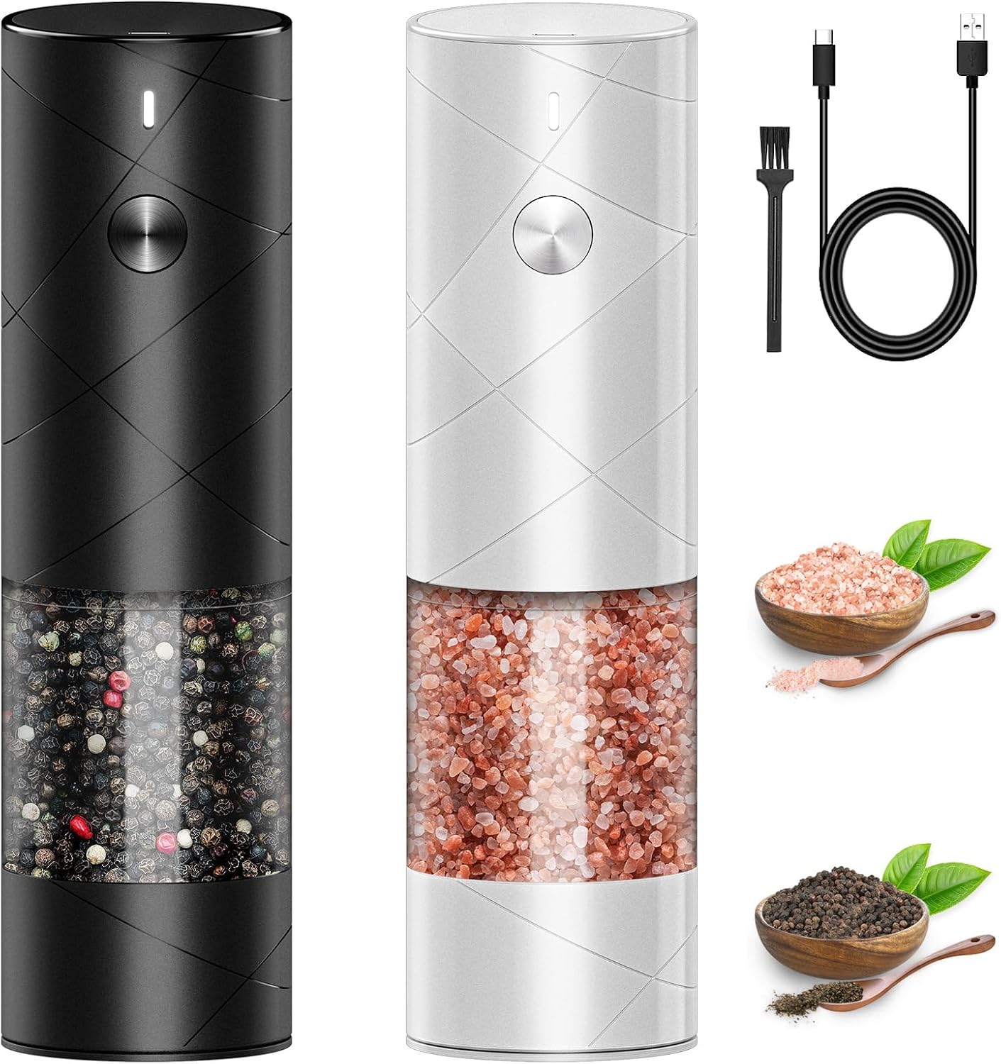 Zestaw 2 elektrycznych młynków do soli i pieprzu ładowanych przez USB, z ceramicznymi żarnami i oświetleniem LED, czarny/biały