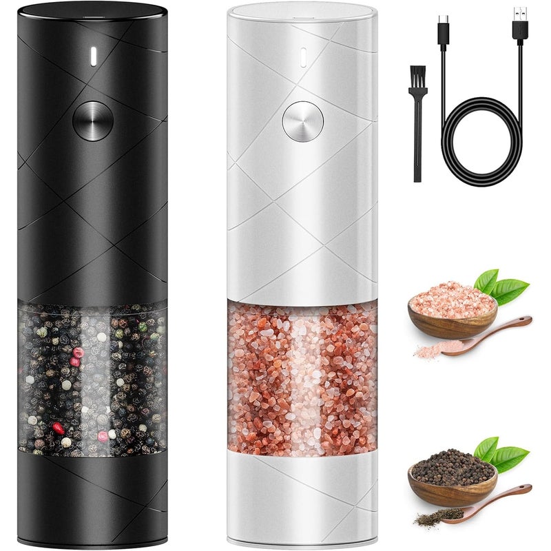 Zestaw 2 elektrycznych młynków do soli i pieprzu ładowanych przez USB, z ceramicznymi żarnami i oświetleniem LED, czarny/biały