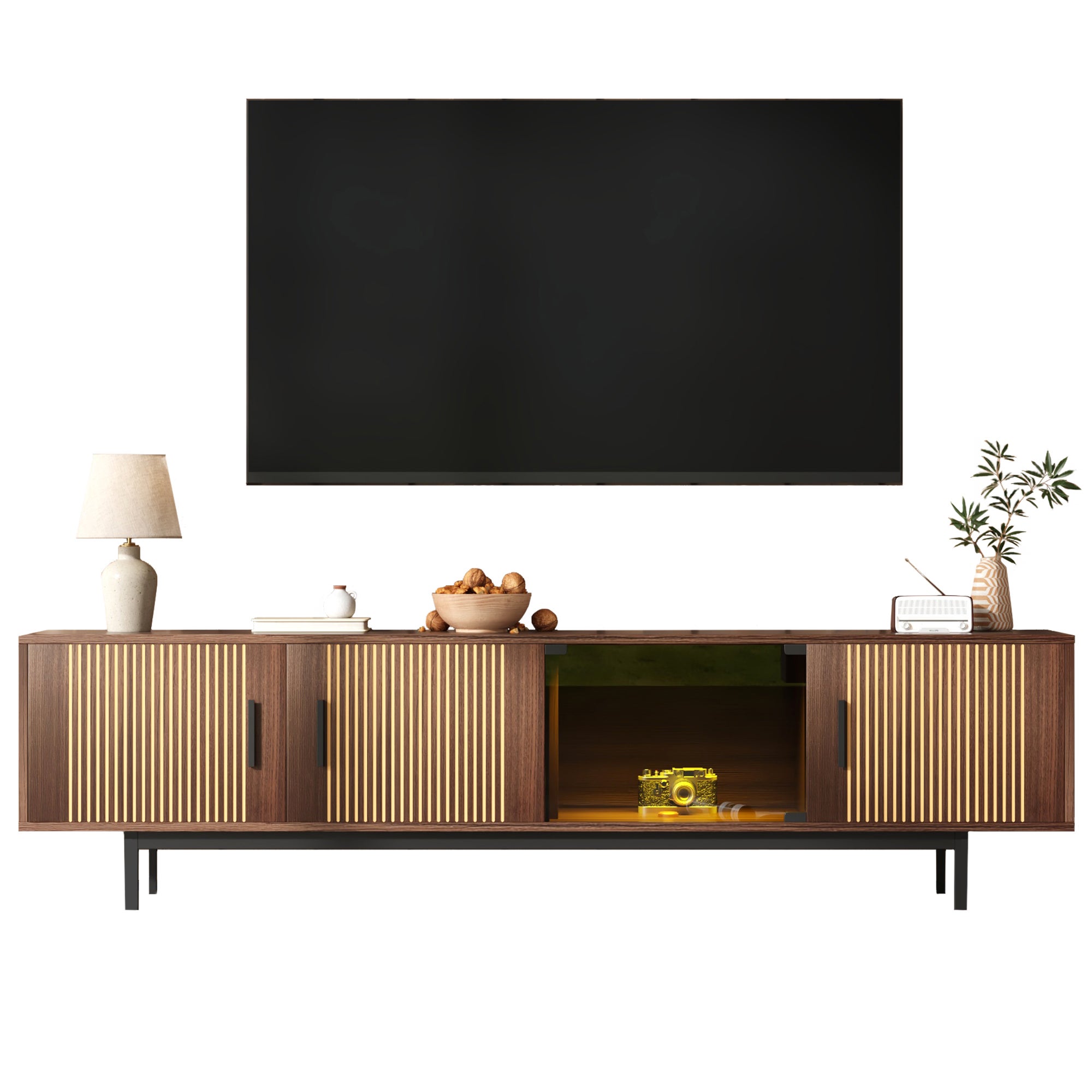 TV-Schrank lowboard z LED-Lichtleiste, drzwiami ze szkłem hartowanym, kolor Walnut Brown+black, 200*35*53 cm