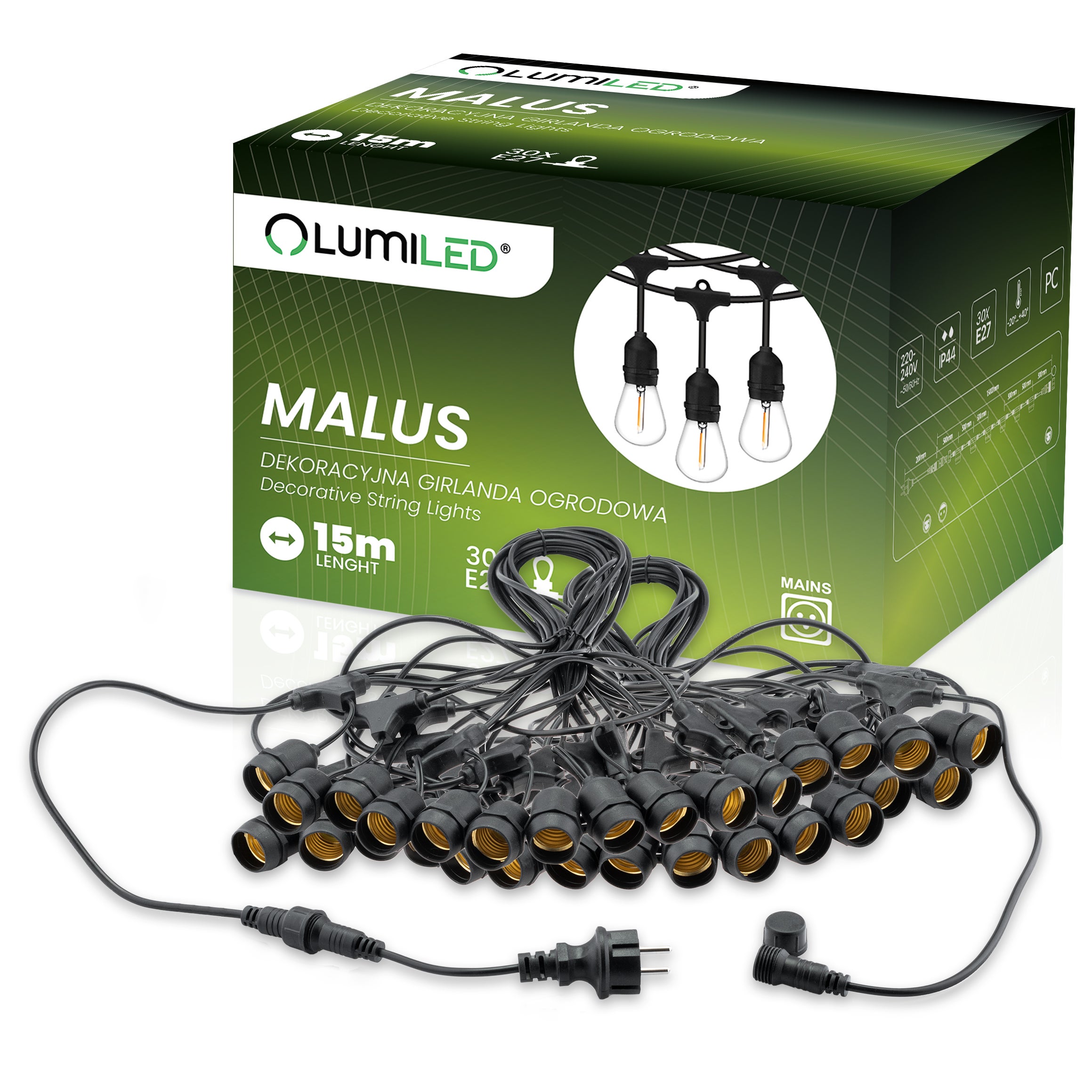 Girlanda Ogrodowa Lumiled Zewnętrzna Łańcuch Świetlny 15m 30x E27 1 szt.
