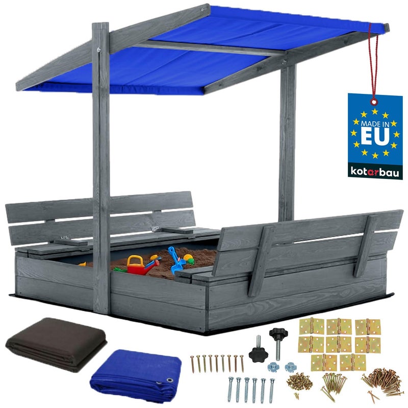 Piaskownica Drewniana Z Daszkiem - Zamykana Z Ławkami 120x120 cm - Duża Piaskownica Dla Dzieci - Drewno Sosnowe - Niebieski Daszek - Szara - KOTARBAU