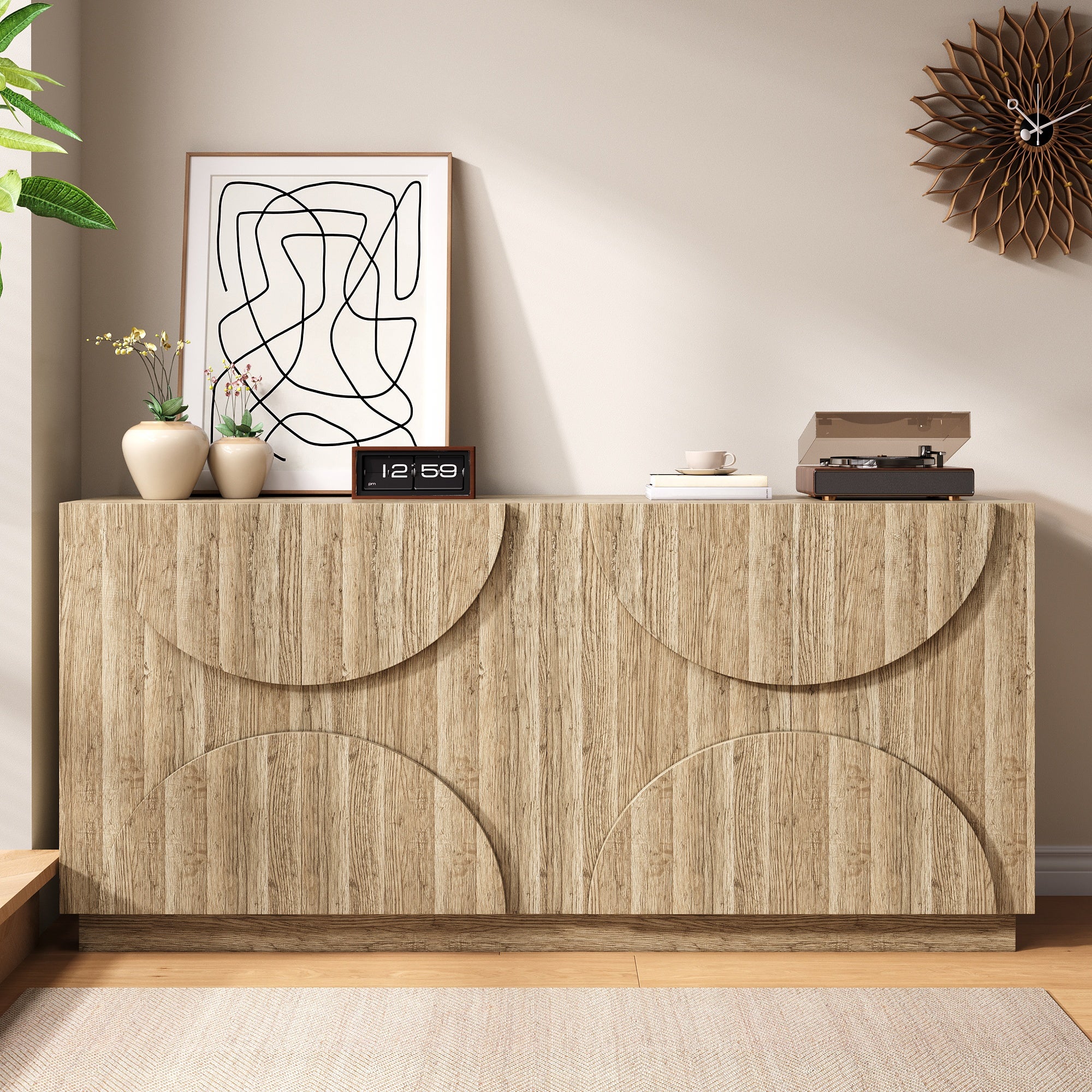 Kredens 160 x 40 x 80 cm - z 4 drzwiczkami - z półkami - imitacja drewna - płyta wiórowa - kolor naturalny