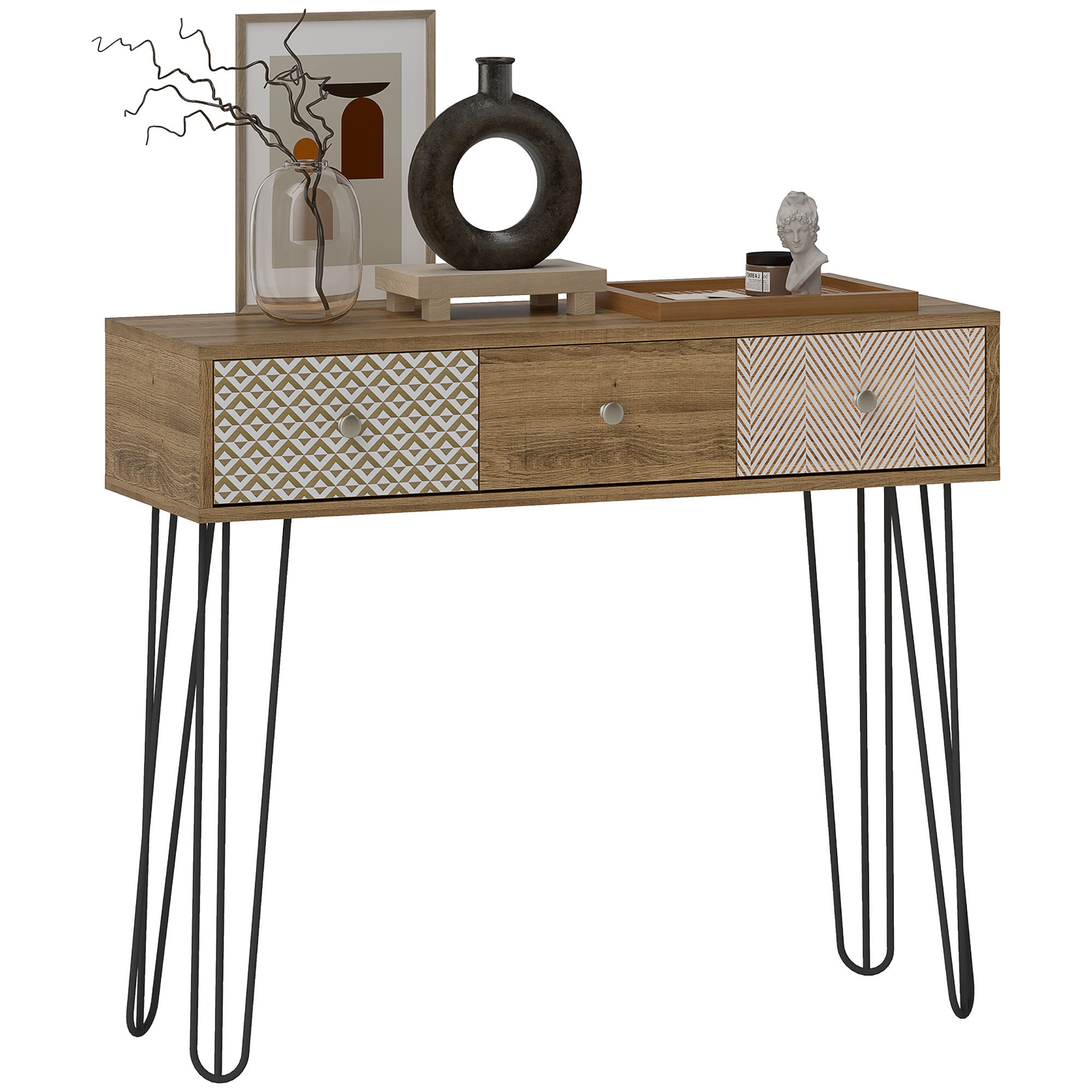 konsola z 3 szuflady, narrow stolik robić przedpokoju z hairpin stal legs, 90 x 30 x 75 cm, brązowy