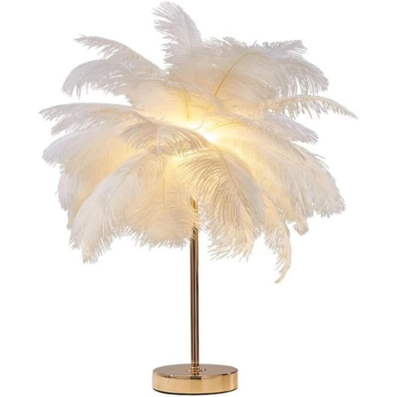 Lampa stołowa z piór strusia – abażur 40 cm – wysokość 50 cm – oświetlenie LED z możliwością ładowania – ciepłe i neutralne światło