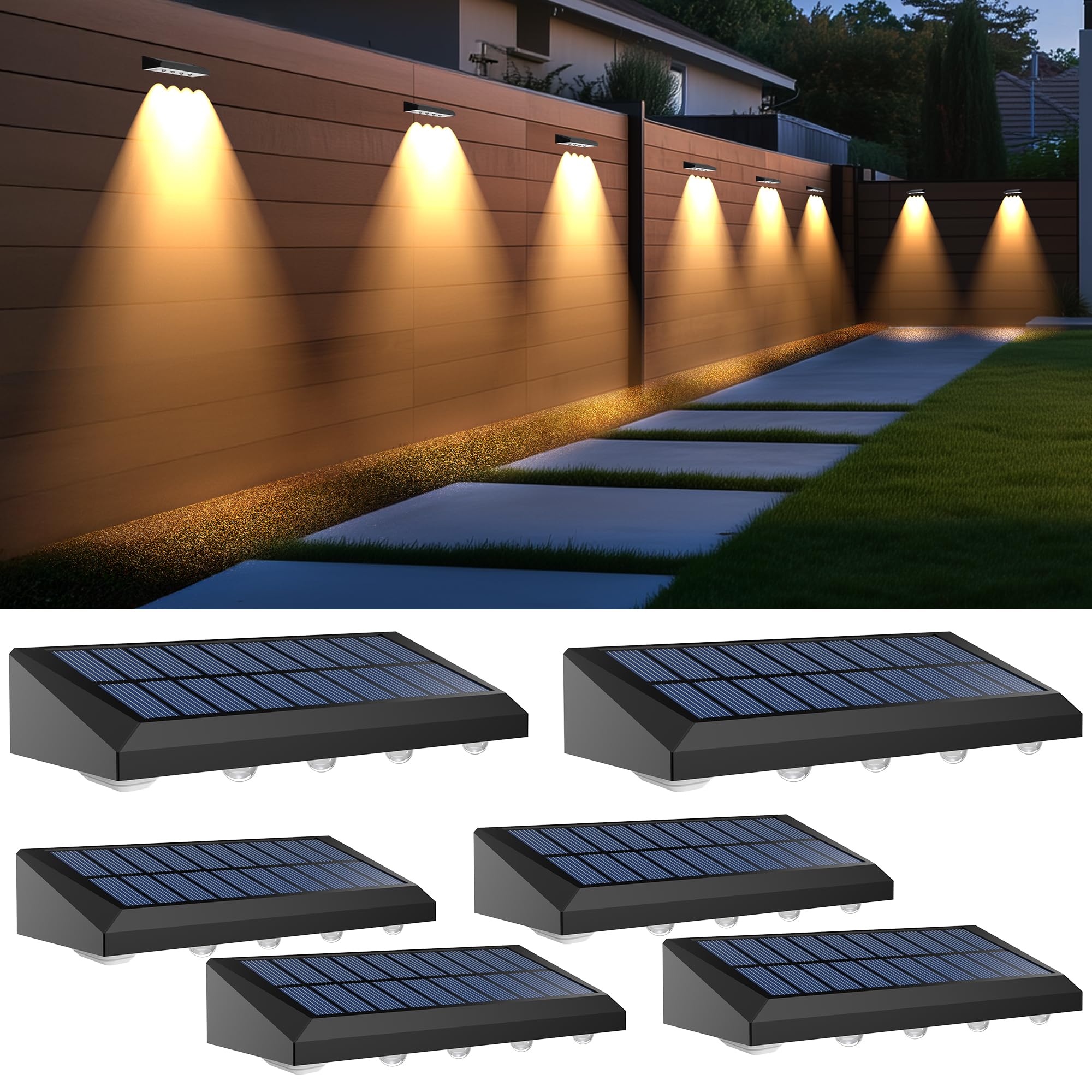 Zestaw 6 lamp solarnych do ogrodu, zasilanych energią słoneczną, wodoodpornych, idealnych do ogrodzeń, schodów, ścian, stopni, ciepłe światło.