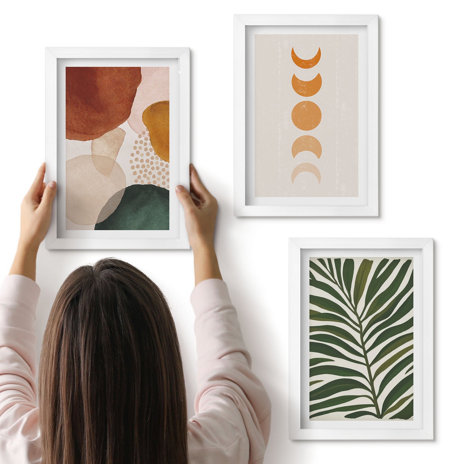Galeria ścienna 3-częściowy komplet obrazów w białych ramach - Abstrakcyjne kształty w ciepłych kolorach i liście - ArtPrintCave