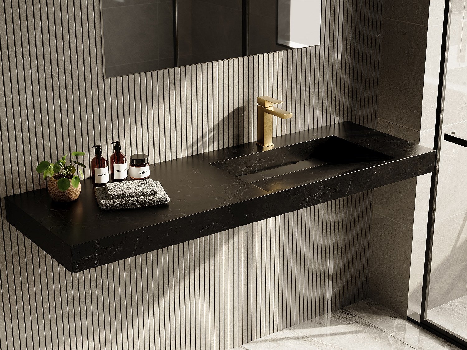 Umywalka wisząca z czarnego Solid Surface efekt marmuru - 140 x 45 x 8 cm - OKAPA