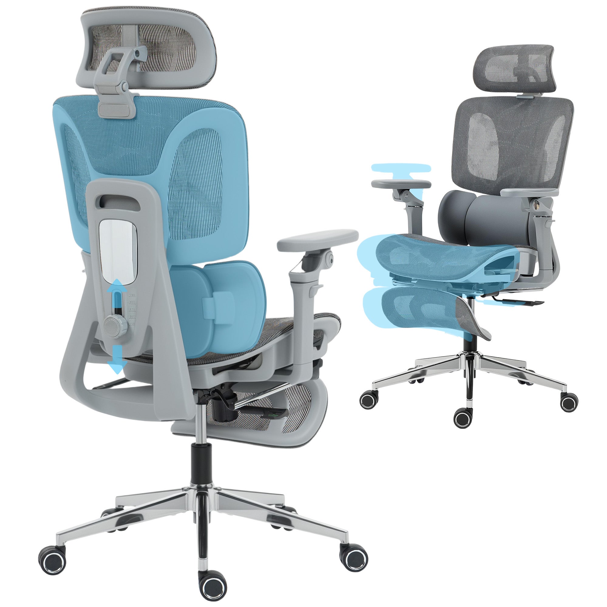 Ergonomiczny fotel biurowy z podłokietnikami 6D, regulowanym zagłówkiem i głębokością siedziska, szara siatka