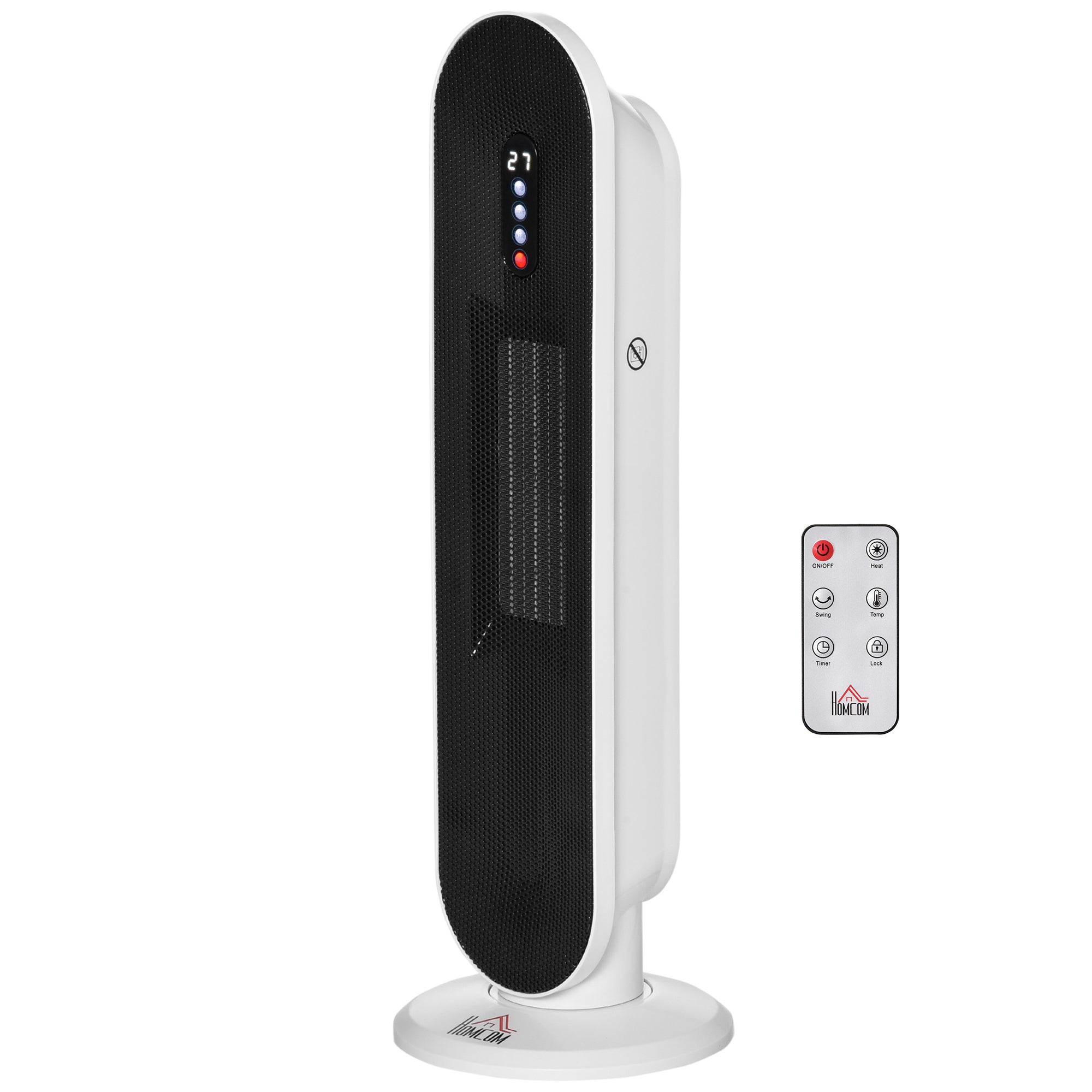 Grzejnik elektryczny 1200W/2000W z pilotem, timerem, termostatem i systemem zabezpieczającym przed przewróceniem; 21 x 21 x 63,5 cm.