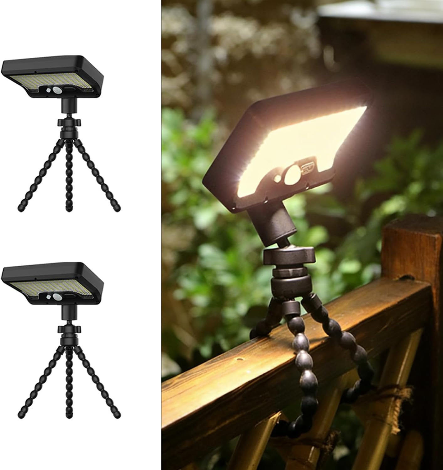 Zestaw 2 zewnętrznych lamp solarnych z czujnikiem ruchu, z elastycznym ramieniem i 3 trybami, wodoodpornych (IP65), do ogrodzeń, na kemping i do ogrod
