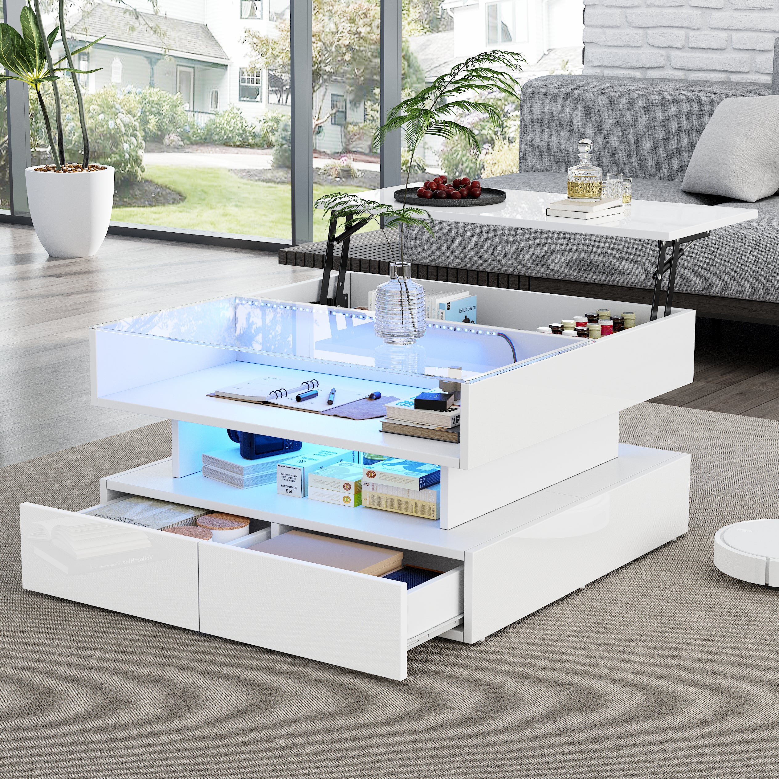 Stolik kawowy z podnoszonym blatem i 2 szufladami - 80 x 80 x 45 cm - Diody LED - Płyta wiórowa i szkło - Biały