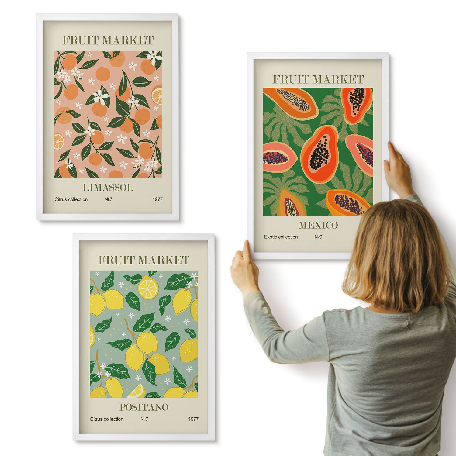 Galeria ścienna 3-częściowy komplet obrazów w białych ramach - Owoce cytrusowe i tropikalne w stylu retro - ArtPrintCave