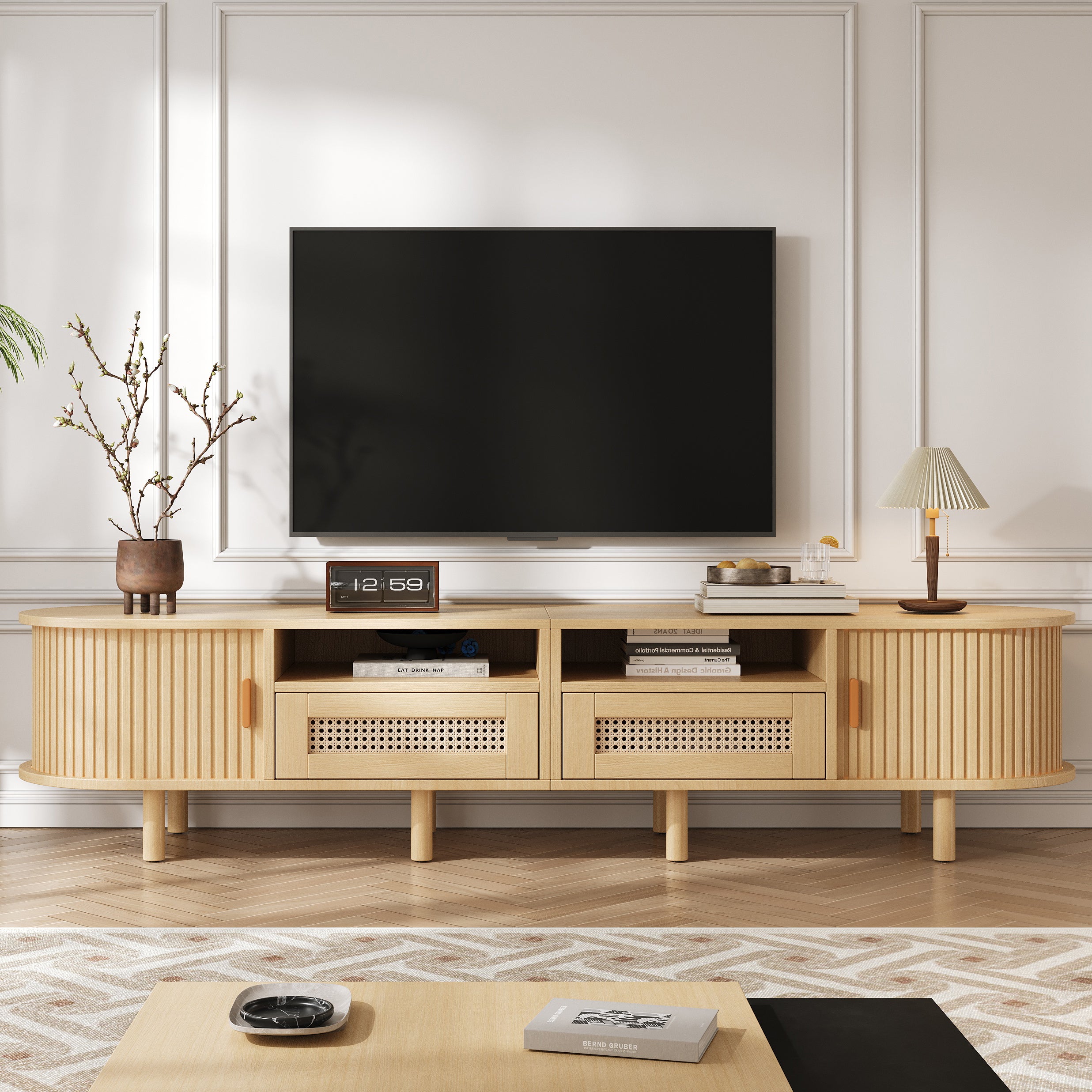 Szafka RTV na telewizor 70 cali - z 2 szufladami z rattanu, 2 drzwiami przesuwnymi - 170 x 40 x 40 cm - płyta MDF + nogi z litego drewna - jasny dąb