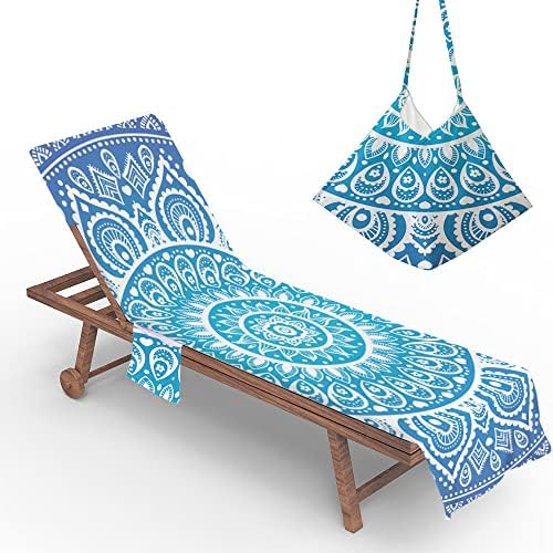 Pokrowiec na leżak plażowy z mikrofibry 75x210 cm, ręcznik plażowy z motywem mandali z kieszeniami do przechowywania, składany i lekki pokrowiec