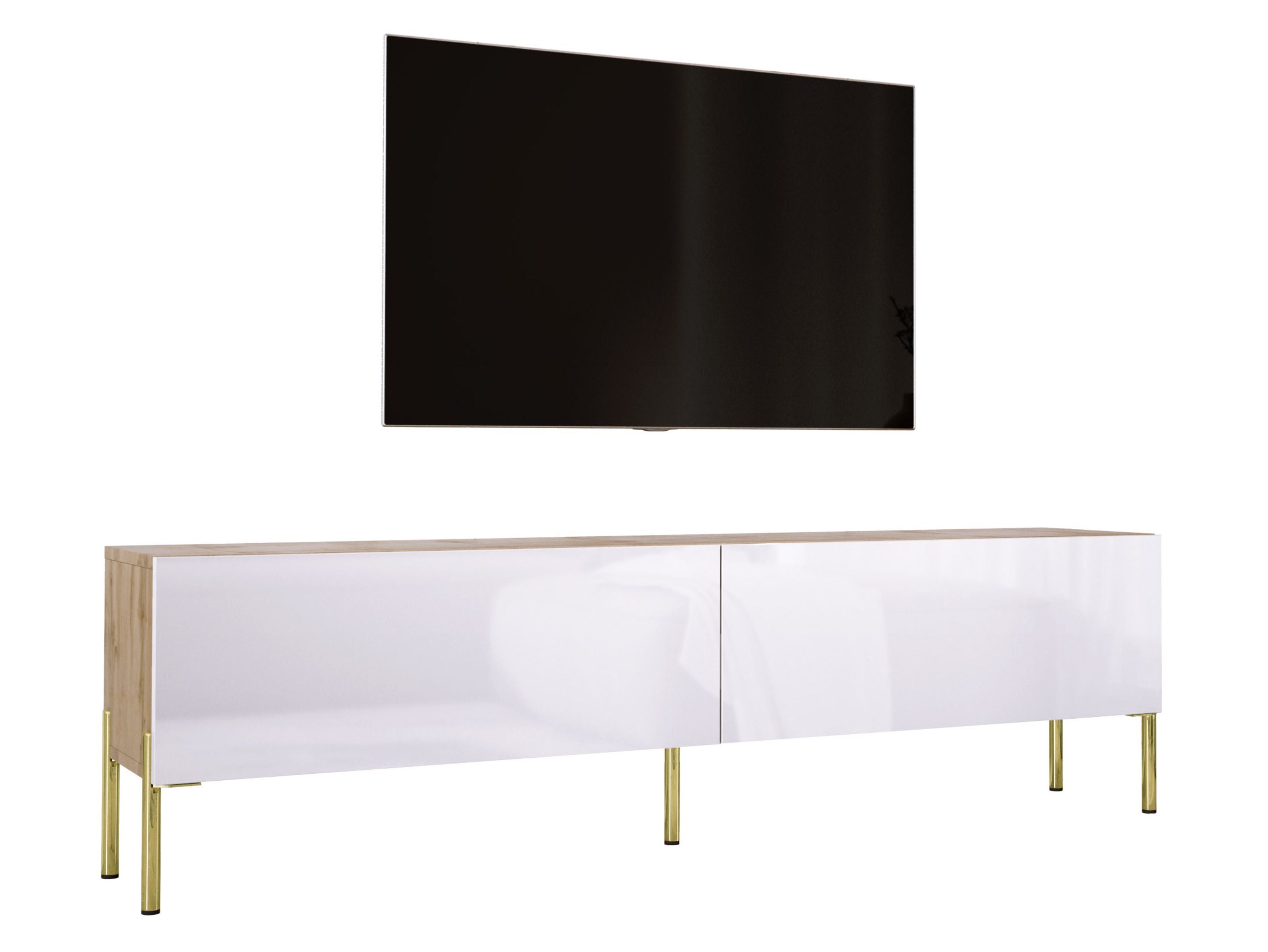 Szafka RTV: Dąb Wotan / Biały Połysk, nogi złote, 170 x 52 x 32 cm