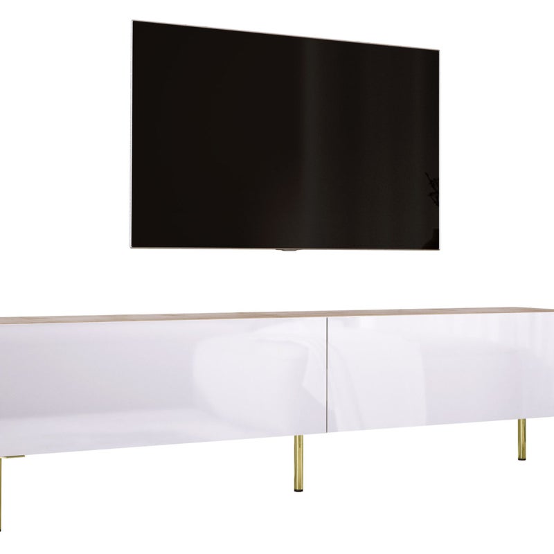 Szafka RTV: Dąb Wotan / Biały Połysk, nogi złote, 170 x 52 x 32 cm