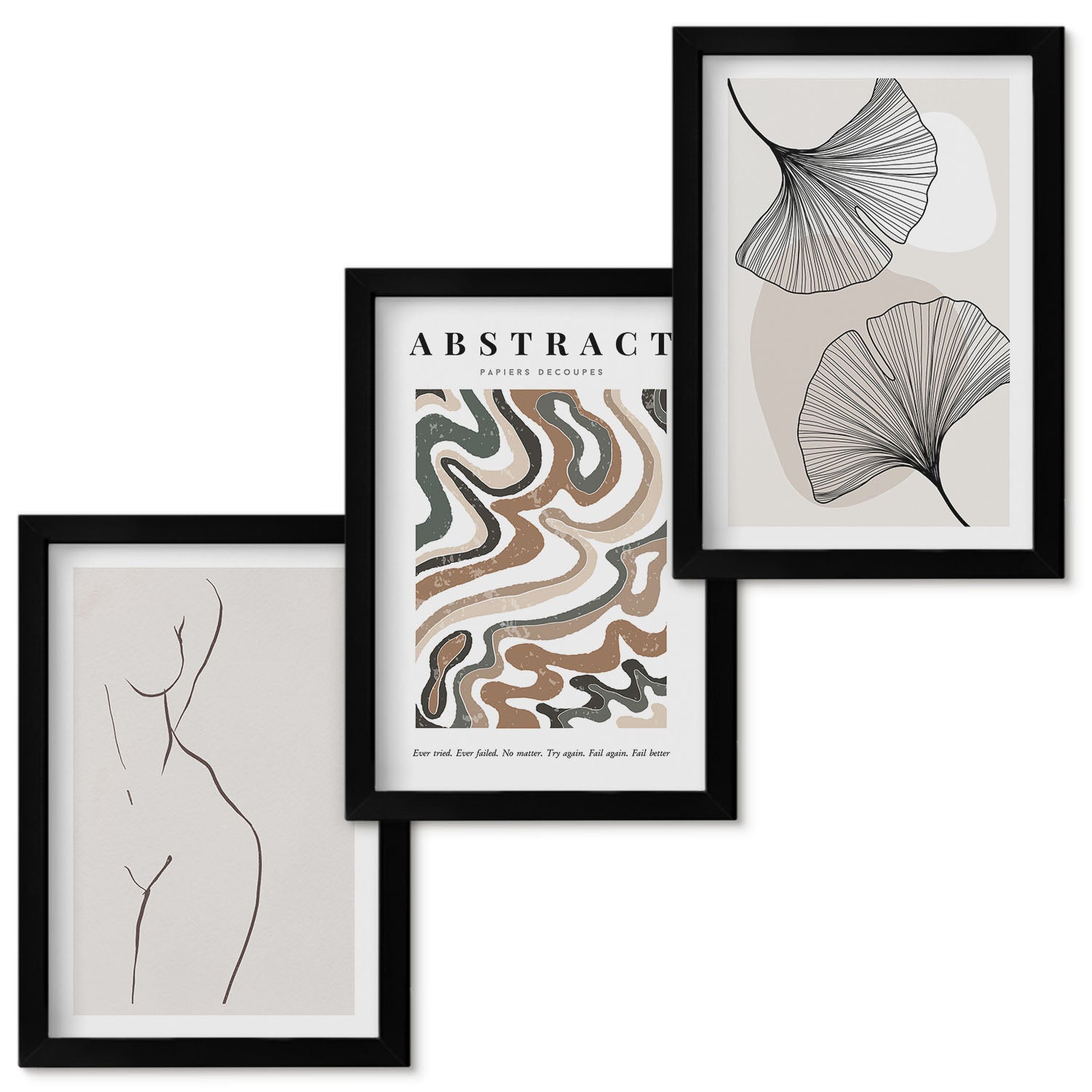 Zestaw obrazów w ramie - 3 części | Abstrakcyjny poster kobiece kształty liście styl boho | Czarna ramka