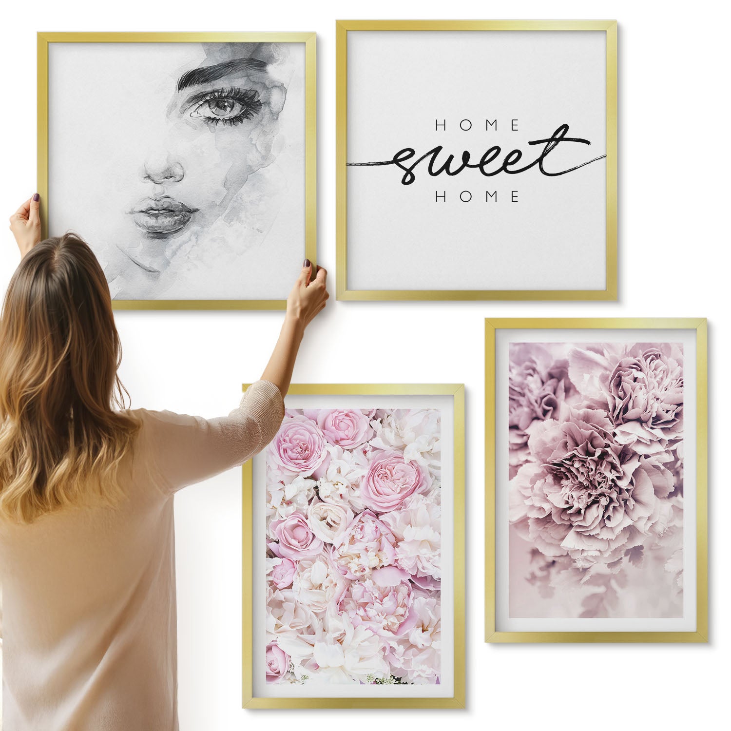 Galeria ścienna 4-częściowy komplet obrazów w złotych ramach - Delikatne piwonie portret kobiety home sweet home - ArtPrintCave