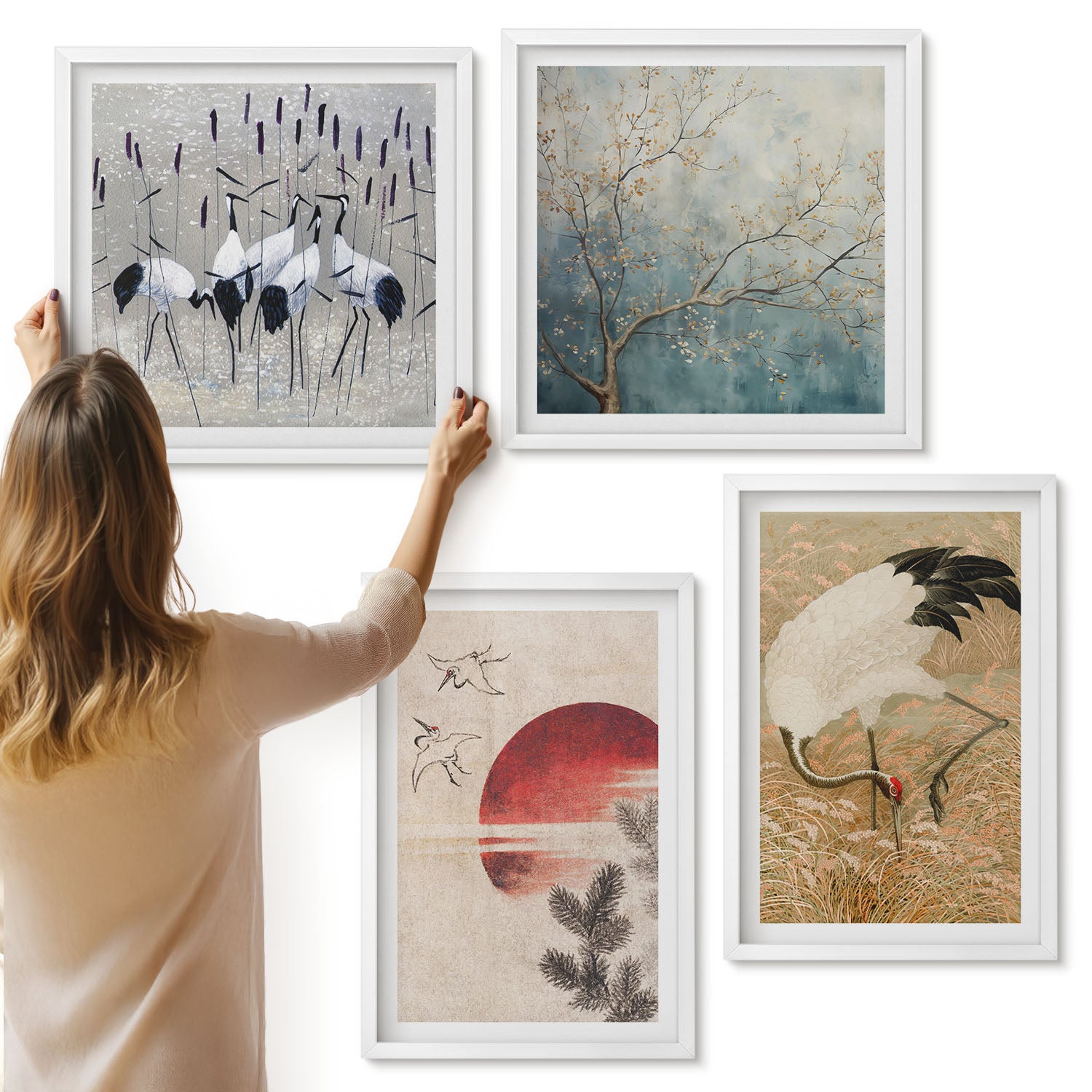Galeria ścienna 4-częściowy komplet obrazów w białych ramach - Japońskie ilustracje żurawi krajobraz japandi - ArtPrintCave