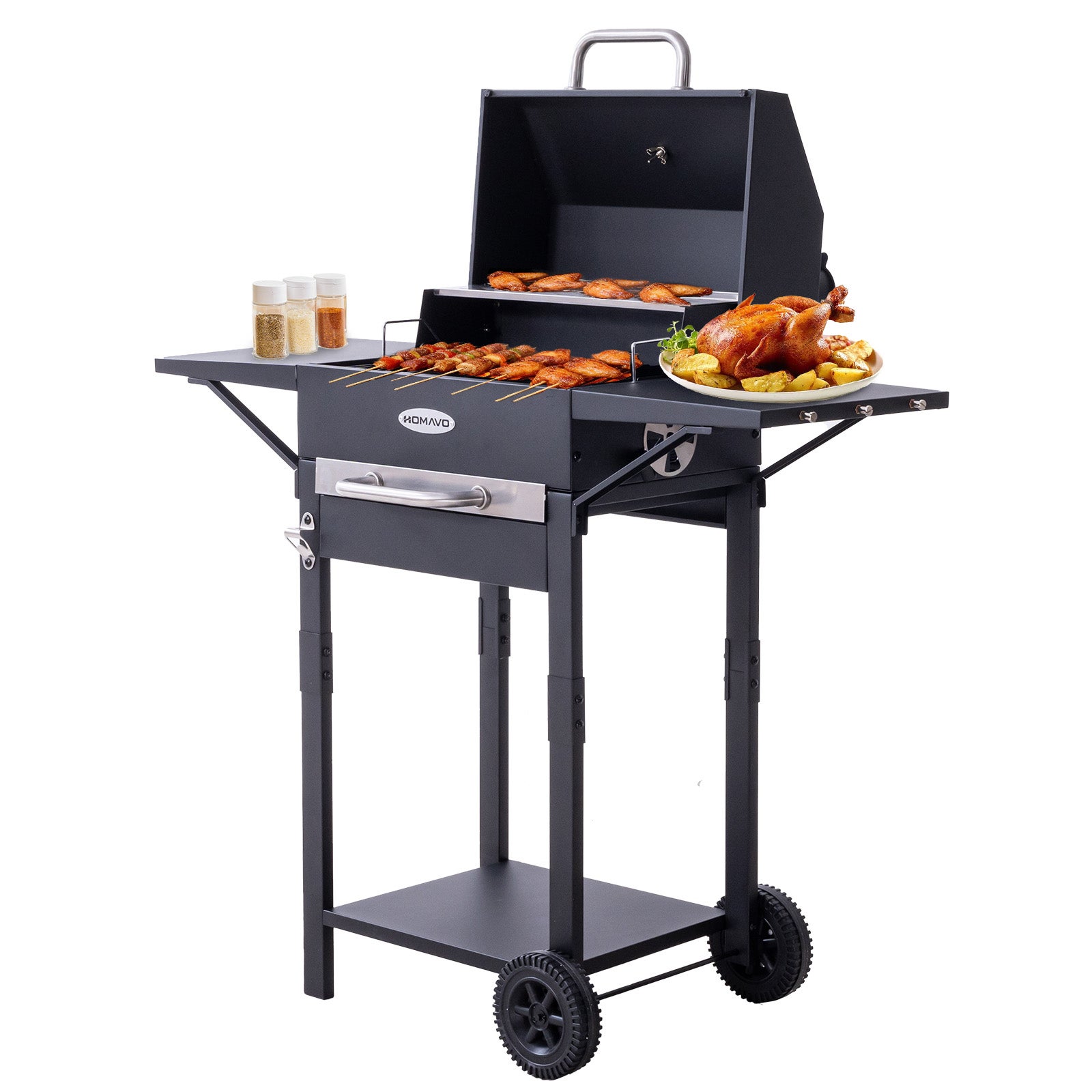 Grill Węglowy, Powierzchnia Grzewcza: 45×32 cm, Emaliowany Ruszt Główny, Półką do Podgrzewania, Termometrem, Kominem HOMAVO