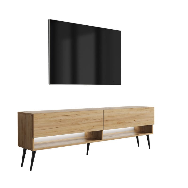 Szafka pod telewizor 170 cm Dąb Craft, nóżki pochyłe czarne, LED biały, 170 × 32 × 52 cm