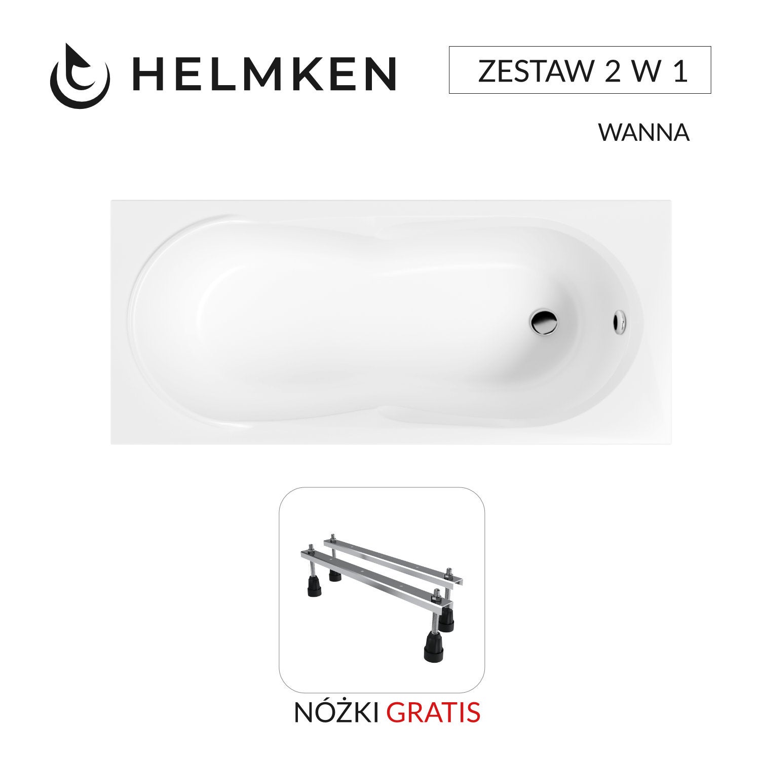 Wanna prostokątna Helmken Celeste 170x75 z akrylu lanego ze wzmocnionym korpusem + Nóżki / 35060075