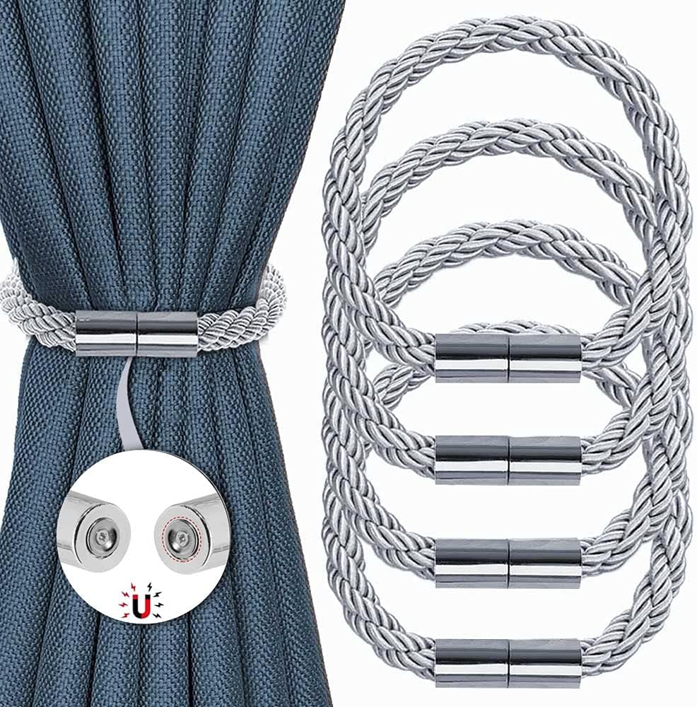 Magnetyczne opaski do zasłon, zestaw 4 szt., z plecionymi pętelkami o długości 50 cm, srebrne