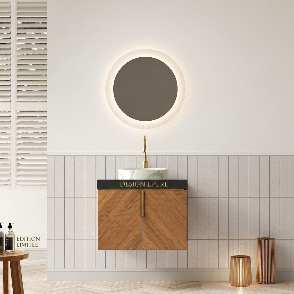 Wisząca Szafka Łazienkowa 61cm, Okrągła Umywalka Ceramiczna - Blat ze Spieku Kwarcowego Czarny, Szafka 2 Drzwi Brązowy Dąb do Łazienki