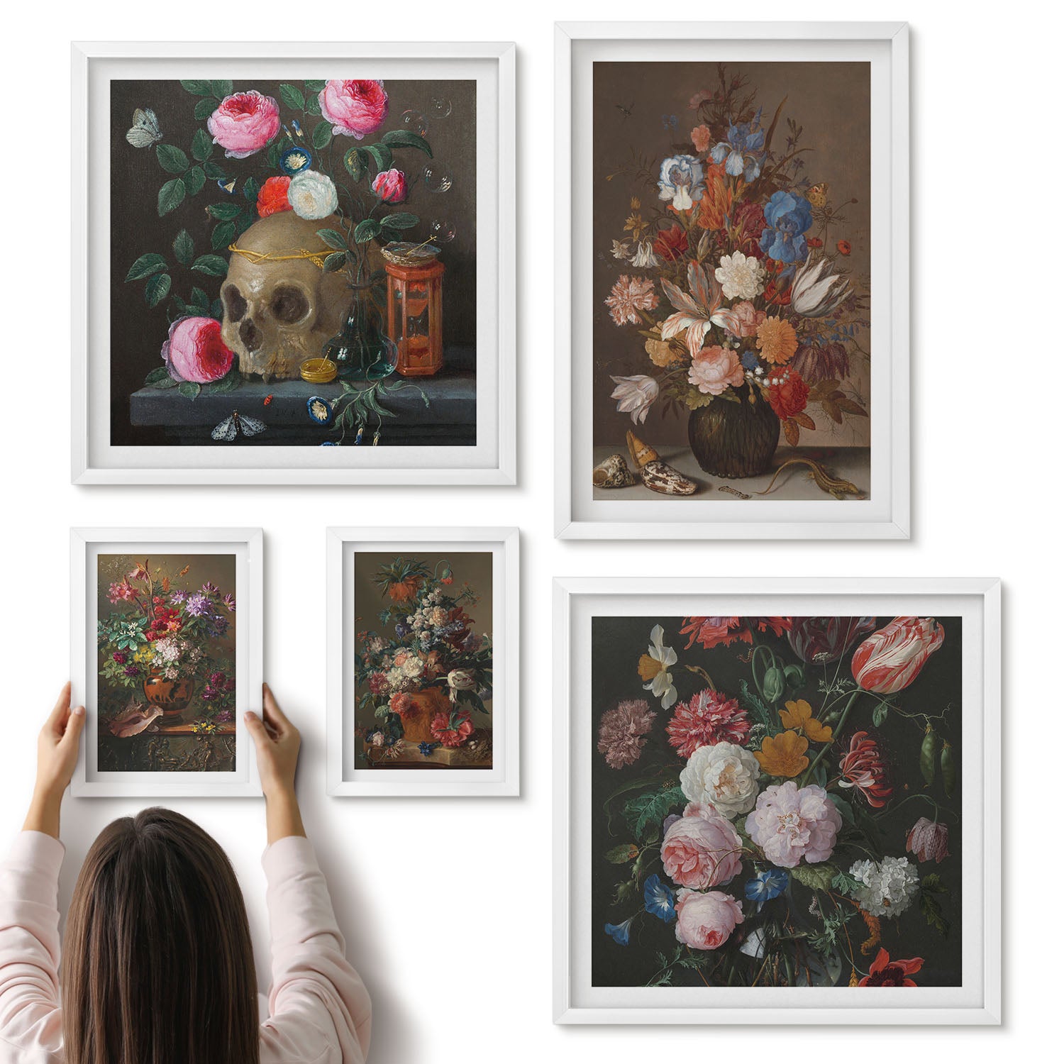 Galeria ścienna 5-częściowy komplet obrazów w białych ramach - Kwiatowe kompozycje w stylu klasycznym z martwą naturą - ArtPrintCave