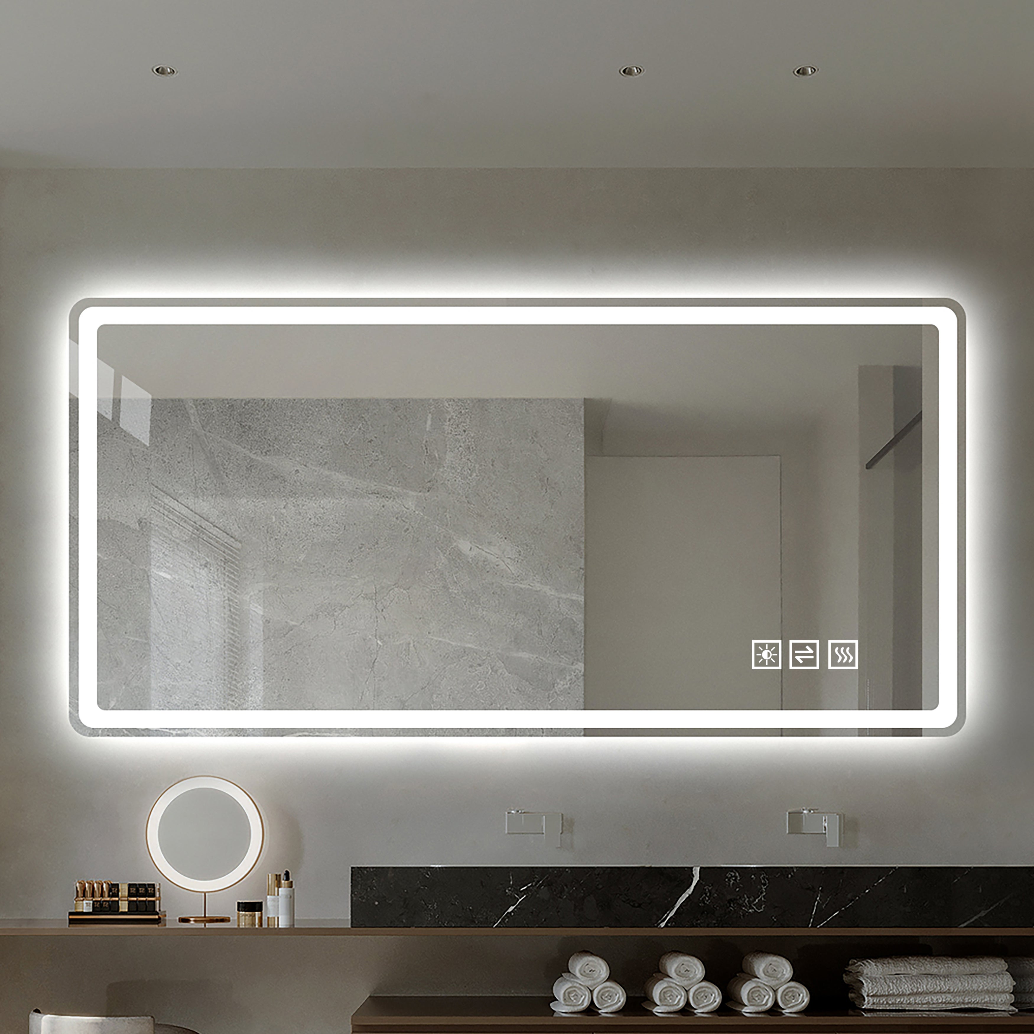 60×100cm bezramowe lustro łazienkowe LED z matowym oświetleniem przednim, przeciwmgielne, 3 kolory światła, płynne przyciemnianie, funkcja pamięci