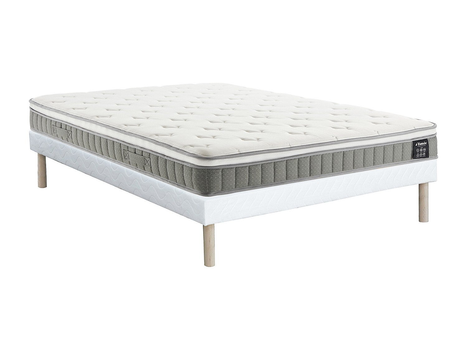 Zestaw 160 x 200 cm: tapicerowany stelaż + materac ze sprężynami kieszeniowymi i warstwą pianki z pamięcią kształtu, grubość 21 cm – VITOGO od YSMÉE