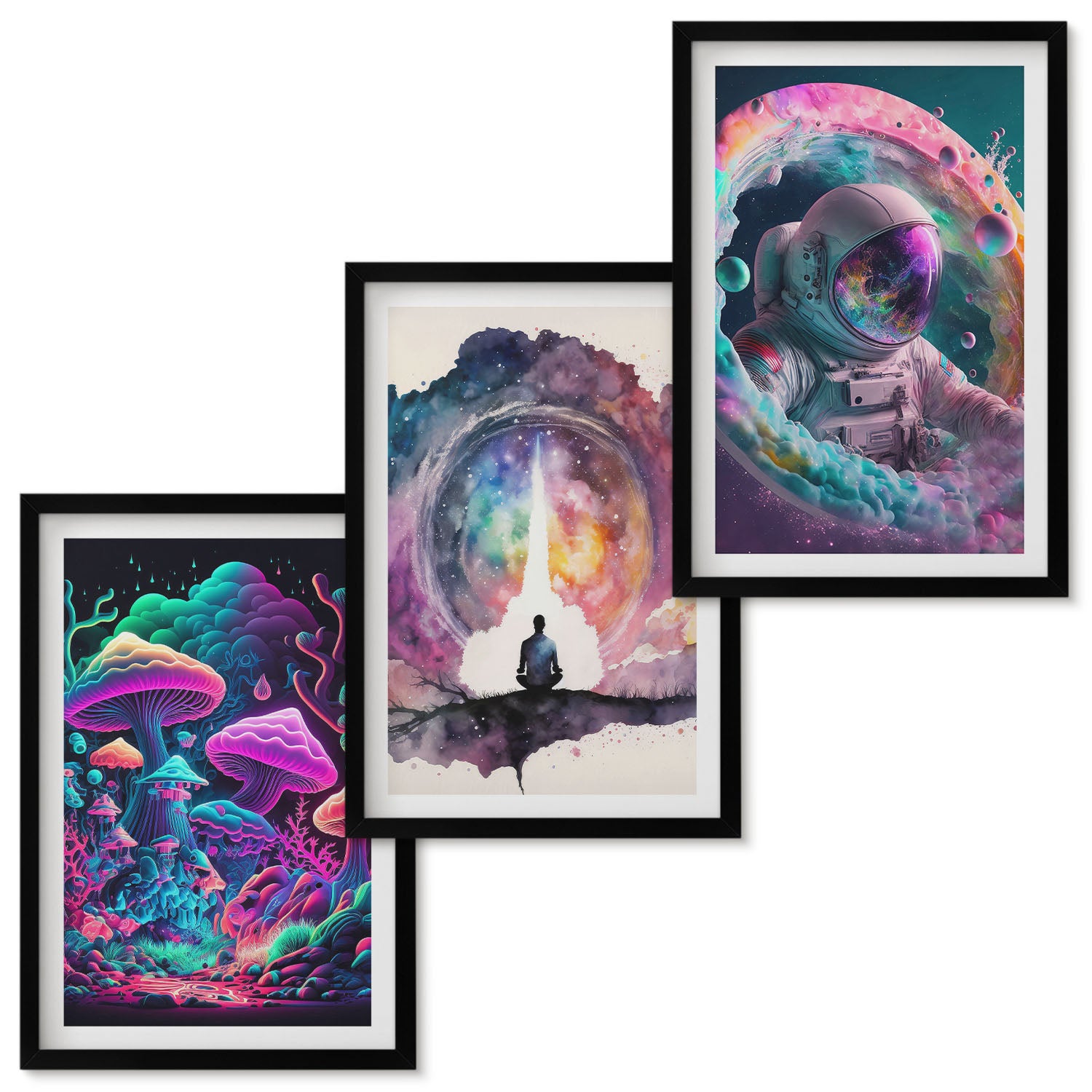 Zestaw obrazów w ramie - 3 części | Kolorowe ilustracje w stylu fantasy sztuka | Czarna ramka