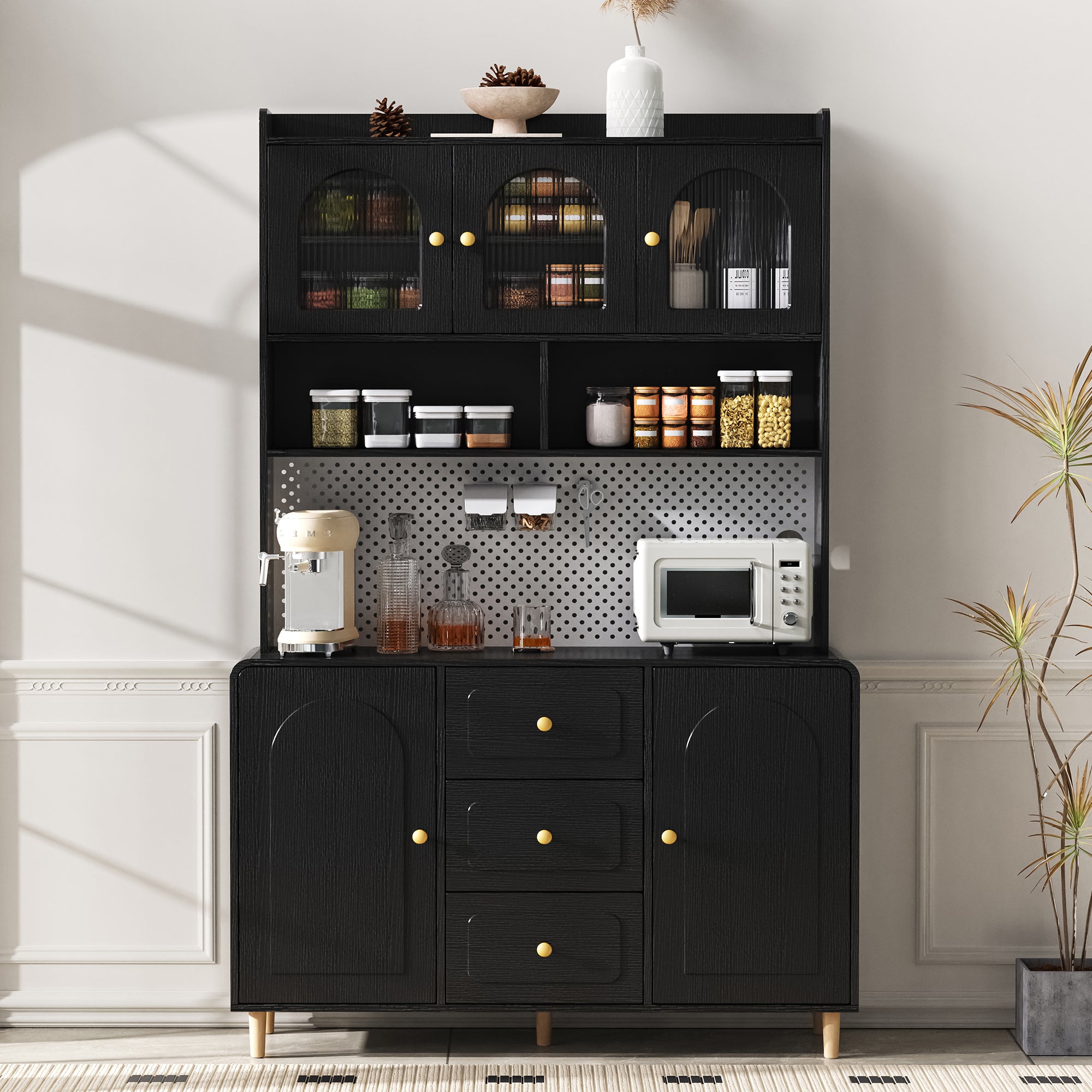 Kredens kuchenny z 5 drzwiami i 3 szufladami - MDF - do kuchni i jadalni - MDF + PB - czarny