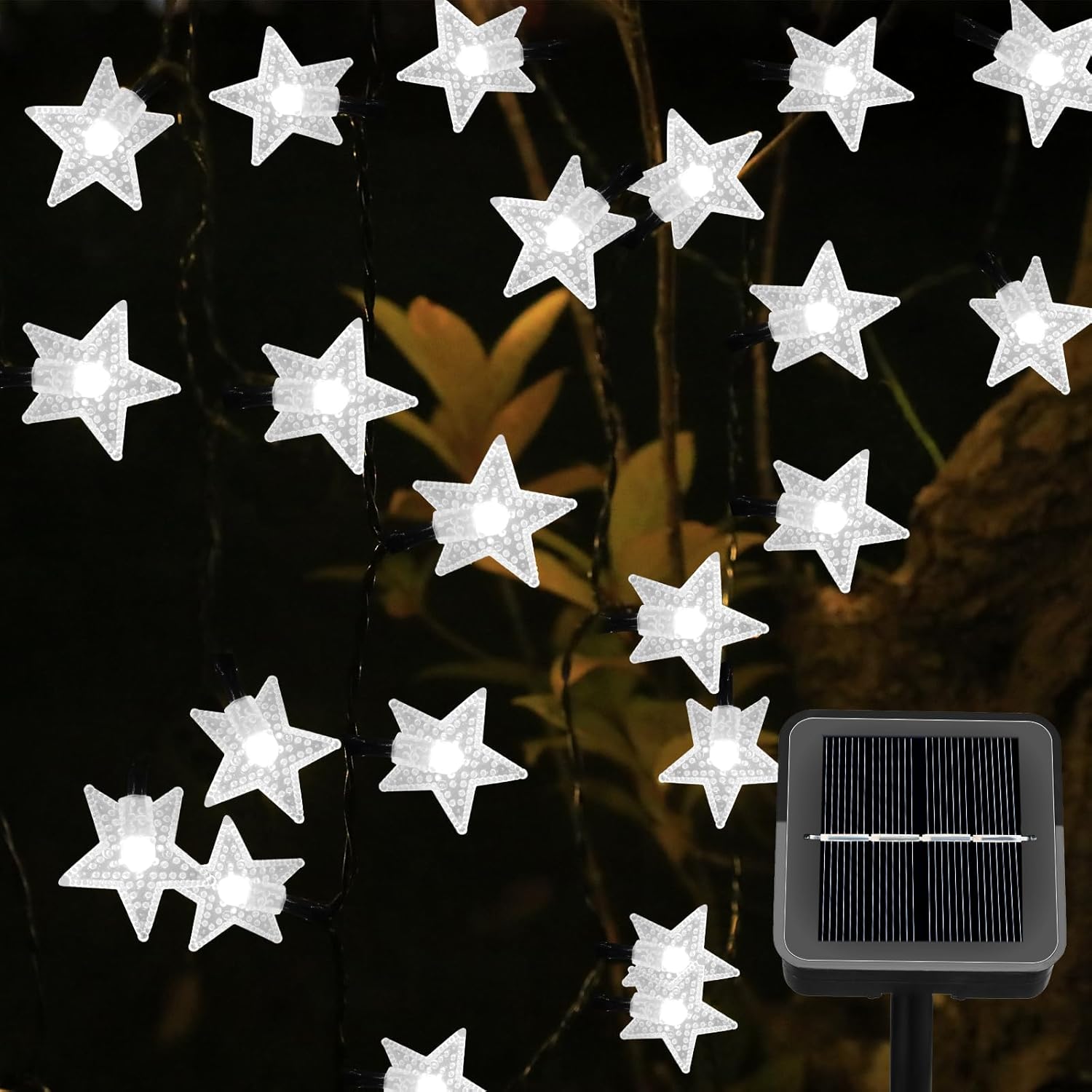 12-metrowe zewnętrzne lampki solarne, 100-diodowe lampki w kształcie gwiazdek, 8 trybów, wodoodporne zewnętrzne lampki solarne, dekoracja w kształcie