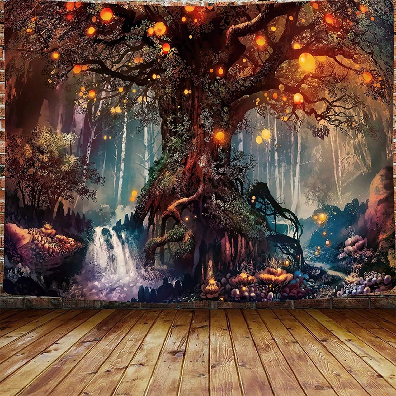 Gobelin ścienny o wymiarach 150 x 200 cm, do sypialni, z motywem magicznego lasu i Drzewa Życia