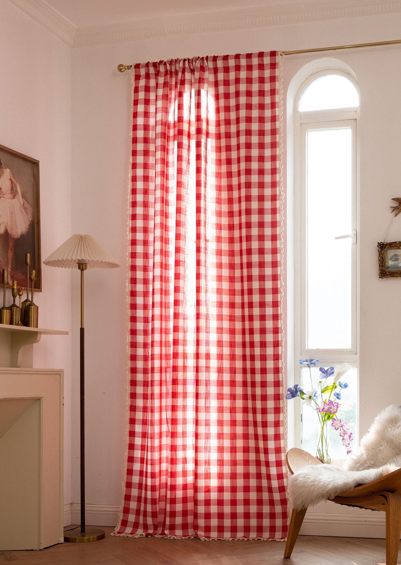 Zasłony w kratkę, zasłony z frędzlami, zasłony półzaciemniające (1 sztuka, wys. 180 cm * szer. 140 cm, kolor czerwony)