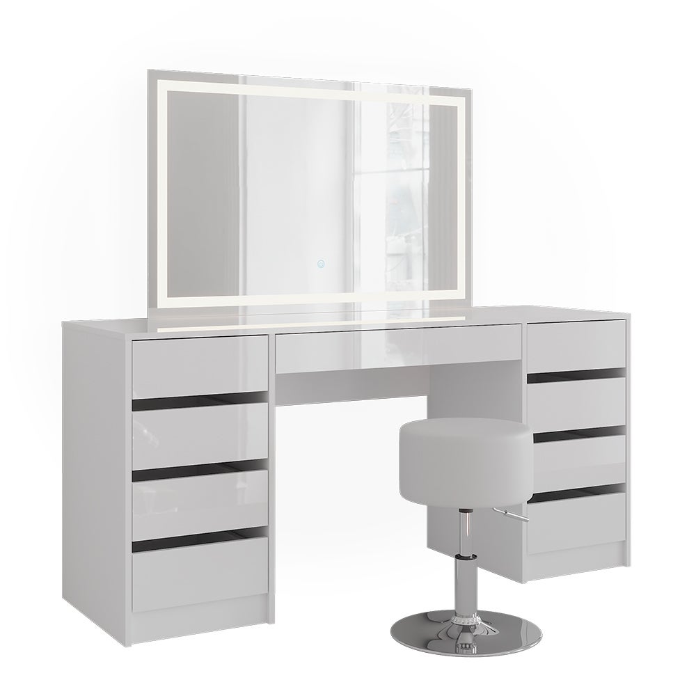 Vicco Stół do toalety Sherry, Biały/Biały wysoki połysk, 158.2 cm z lustrem LED i stołkiem