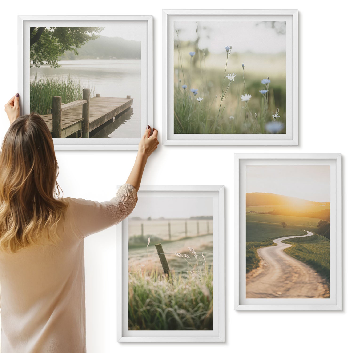 Galeria ścienna 4-częściowy komplet obrazów w białych ramach - Krajobraz z łąką drogą i zachodem słońca - ArtPrintCave