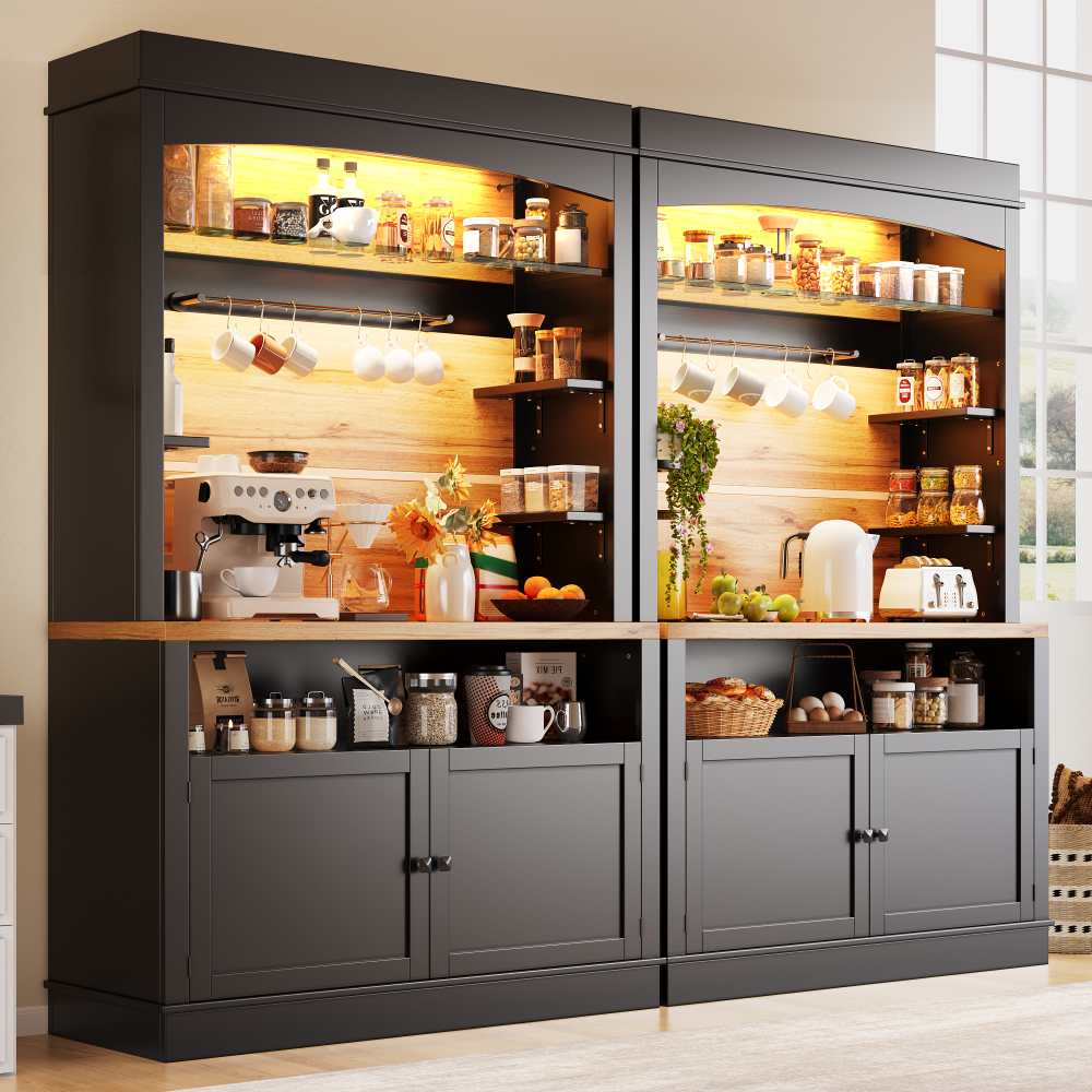 Wysoka szafka kuchenna 107x43x184 cm czarna, USB LED, aplikacja, drążek, haczyki, zabezpieczenie – witryna i schowek