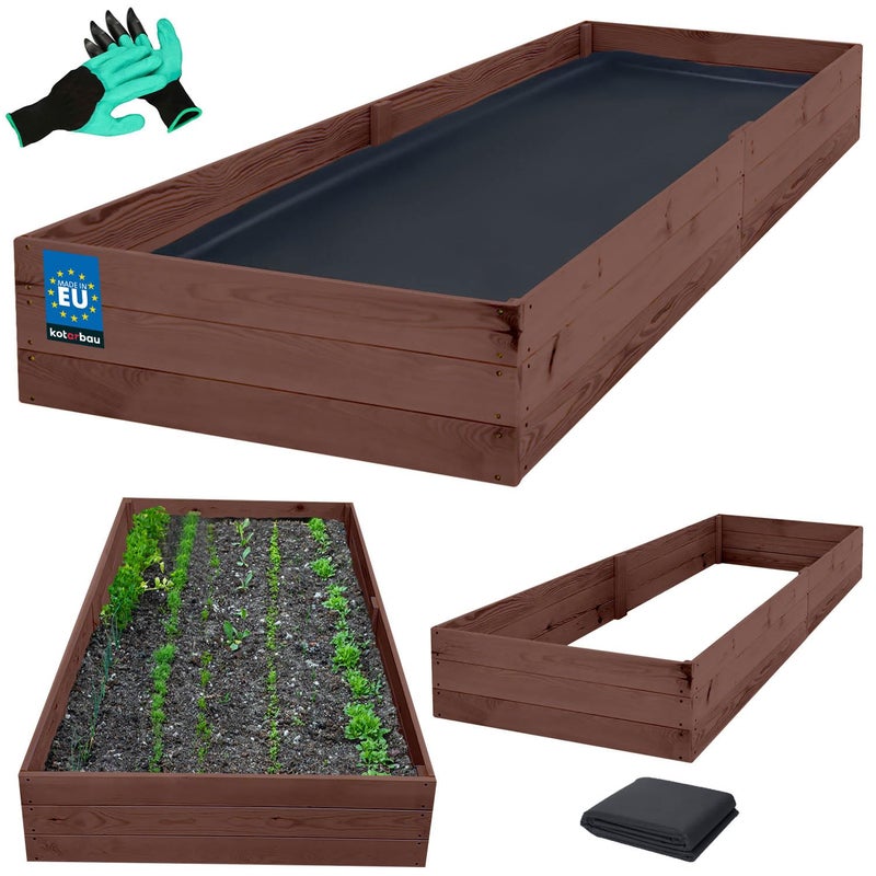 Skrzynka Drewniana na Warzywa - 240 X 100 X 27 CM - Warzywniak z Agrowłókniną - Skrzynia - Rękawiczki Pazurki - Brązowa KOTARBAU