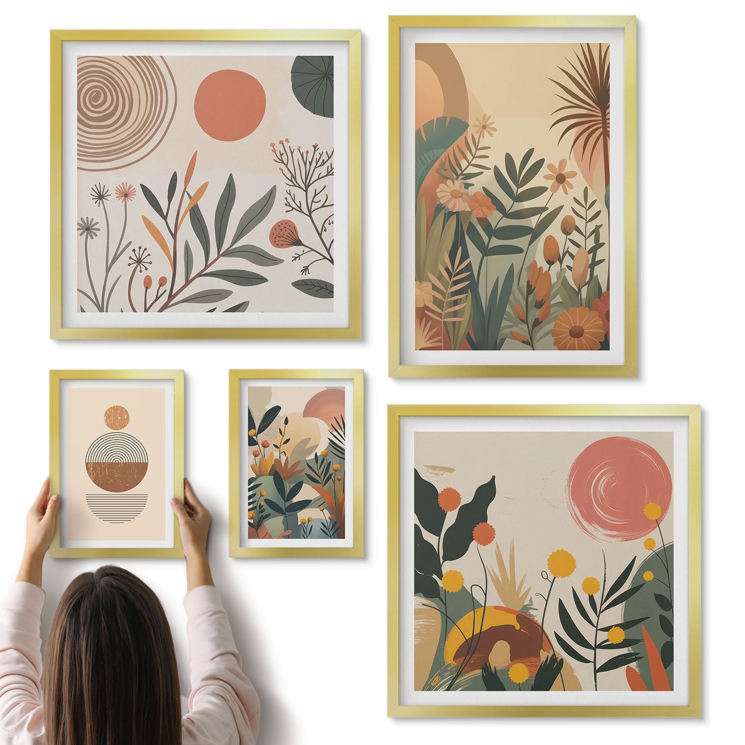 Galeria ścienna 5-częściowy komplet obrazów w złotych ramach - Roślinne motywy w stylu boho z abstrakcyjnymi detalami - ArtPrintCave