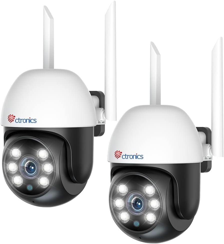 Ctronics zestaw 2 kamer monitoringu WiFi zewnętrznych, 1080P PTZ IP kamera z automatycznym śledzeniem i detekcją człowieka, noktowizja