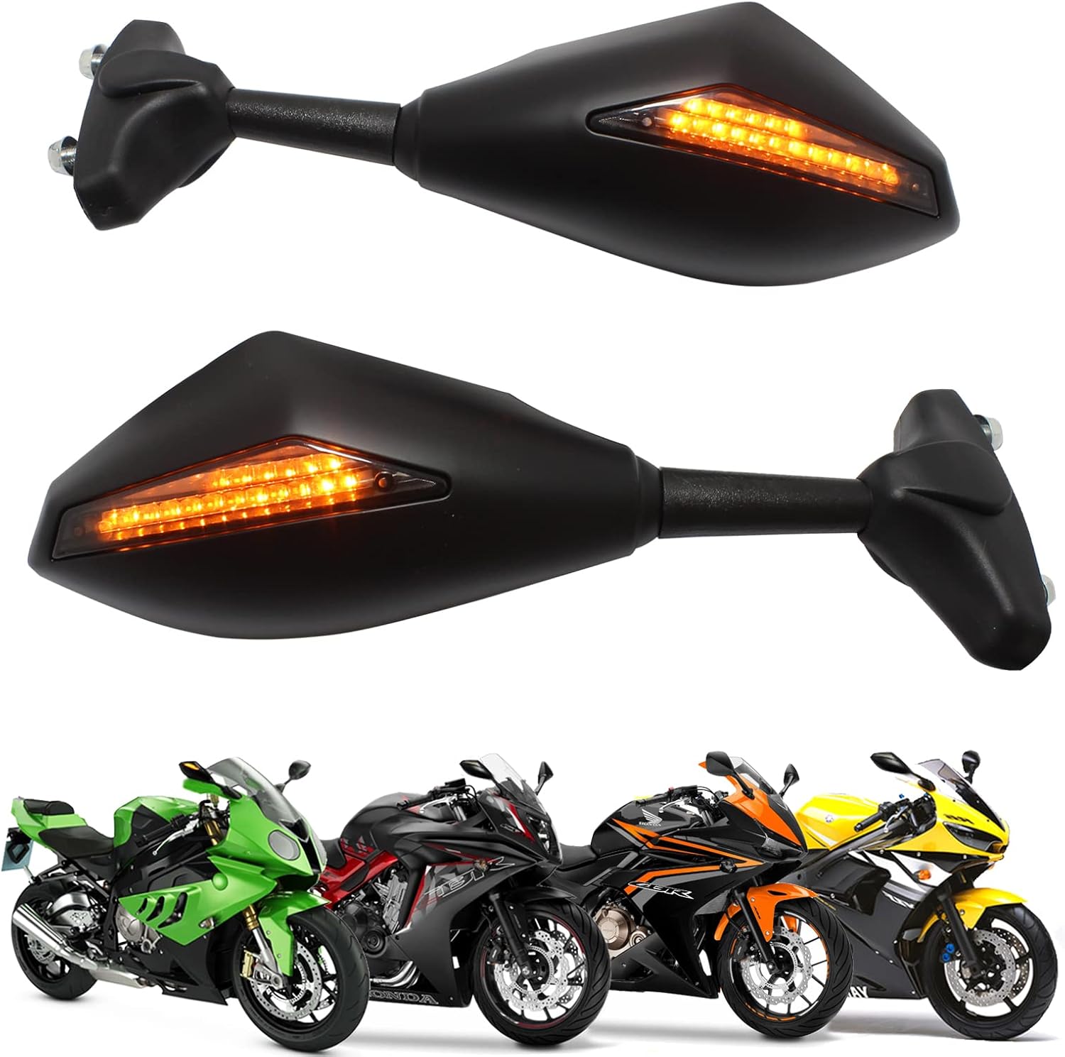 Czarne lusterko wsteczne z kierunkowskazem i strzałką LED do motocykla CBR GSXR YZF (matowa czerń + przydymione szkło)