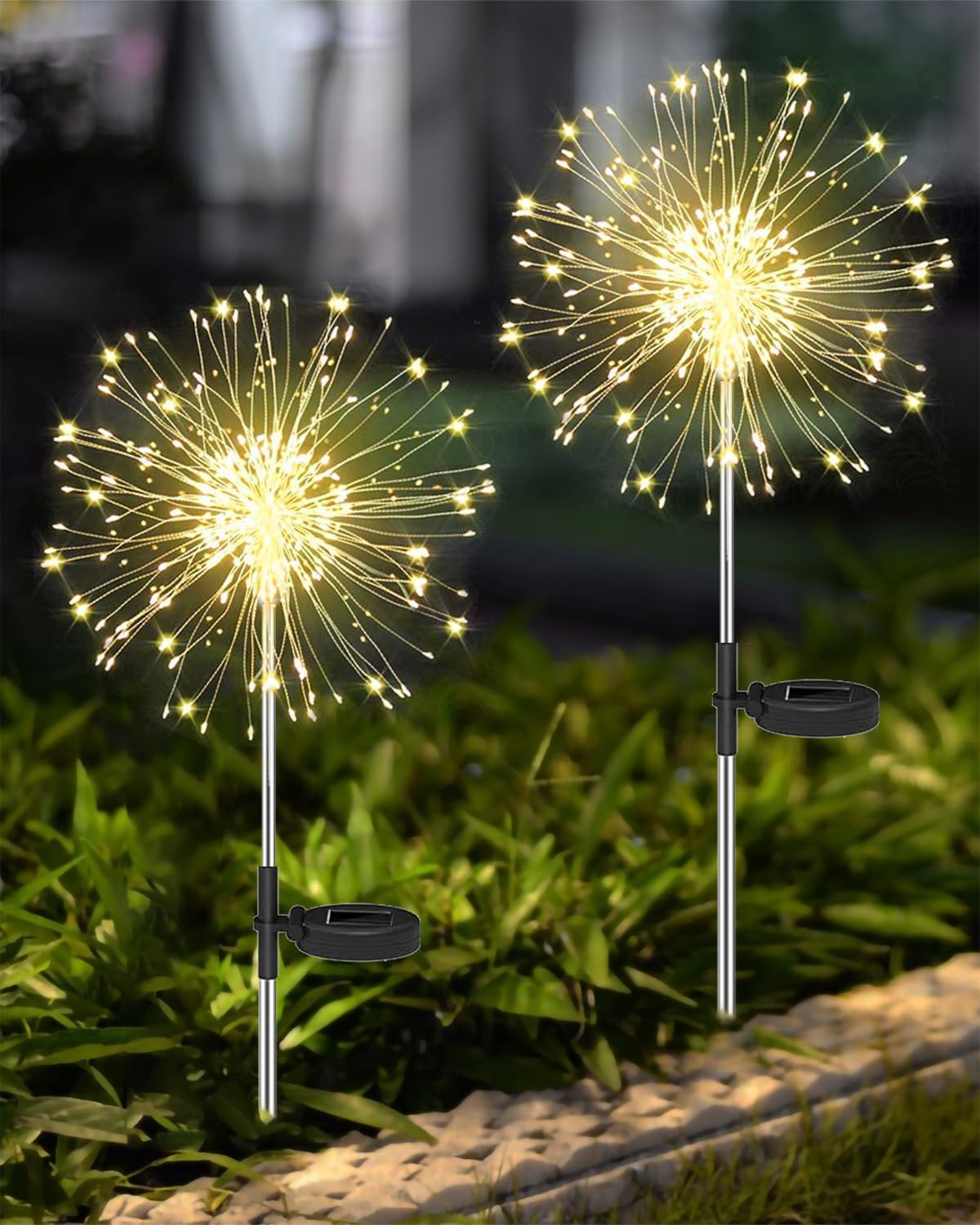Lampy solarne, oświetlenie ogrodowe, 2 sztuki, 120 diod LED, wodoodporne, solarne fajerwerki – ciepła biel